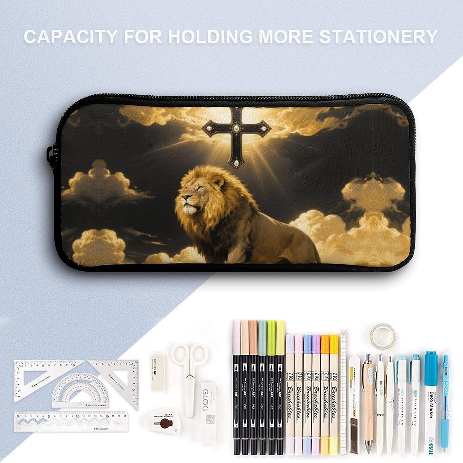 Black And Gold African Leo Lion King with Cross Pencil Case Large Pencil Bag with Zipper image 3