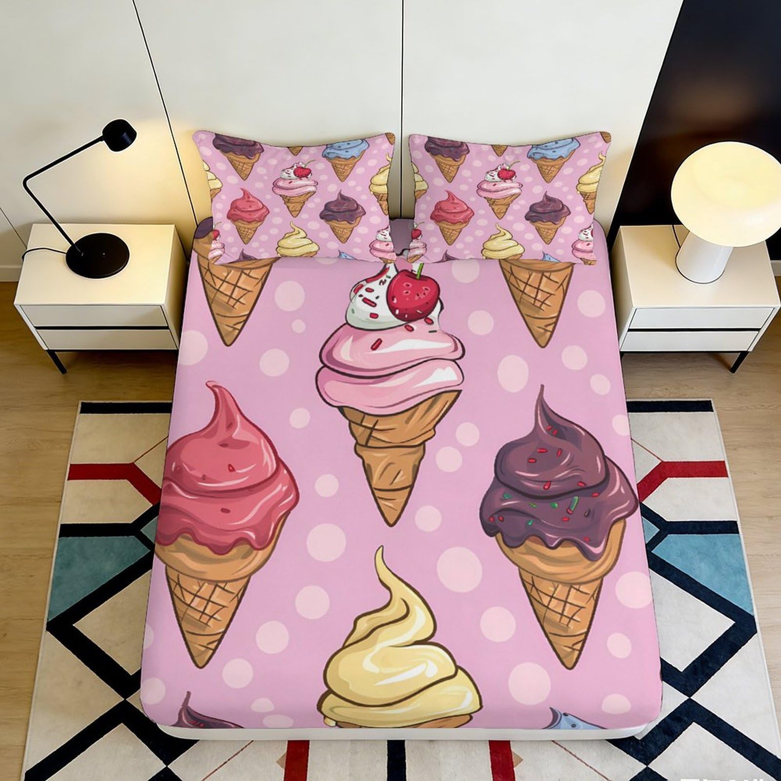 3D Printed Ice Cream Cone Fitted Sheet Microfiber Pink Sweet Dessert Bed Cover for Bedroom Dorm Decor Protection 90x200x25cm