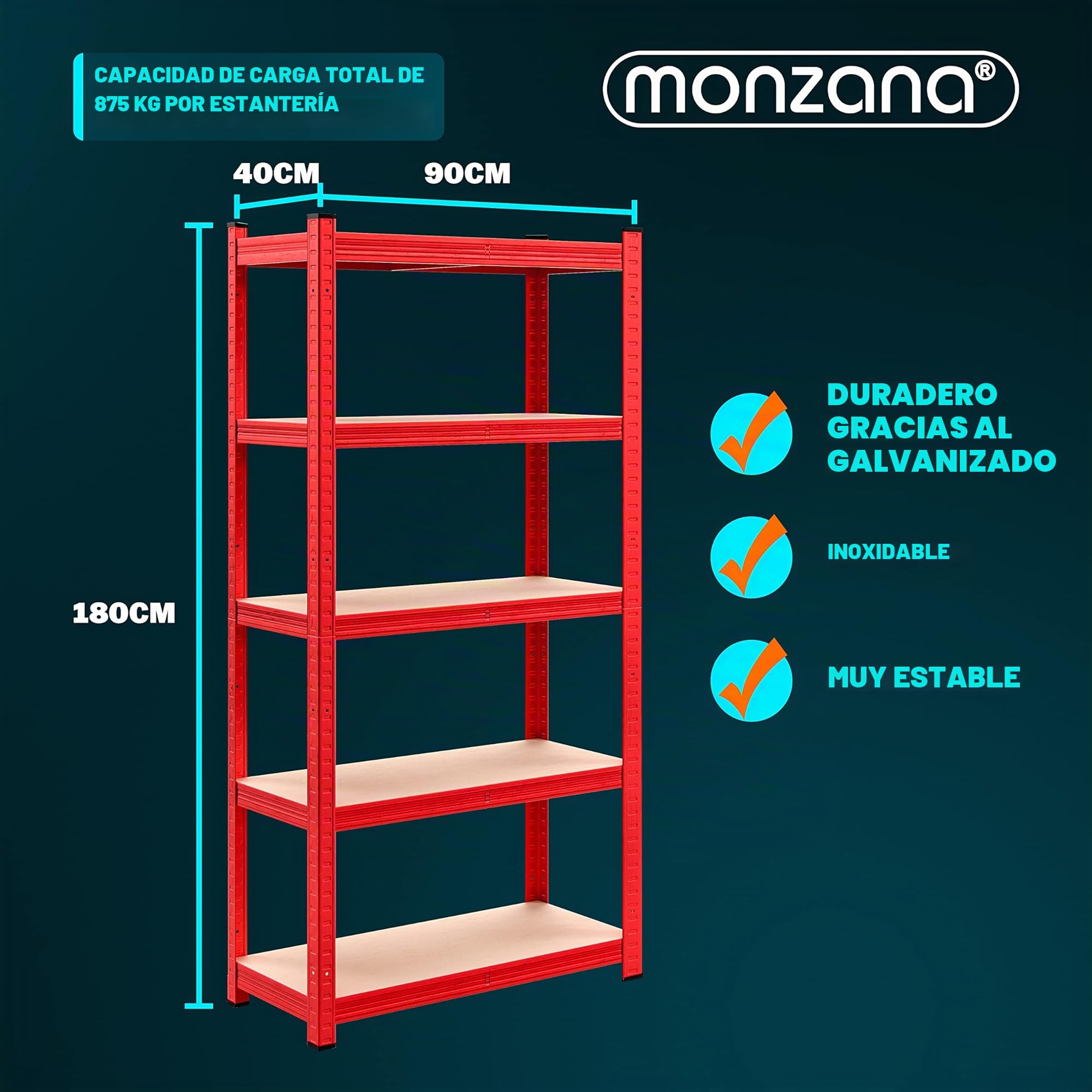 Deuba 2x Estanterías Metálicas 180x90x40cm 875kg Rojas Estantería para Cargas Pesadas 5 Estantes Taller