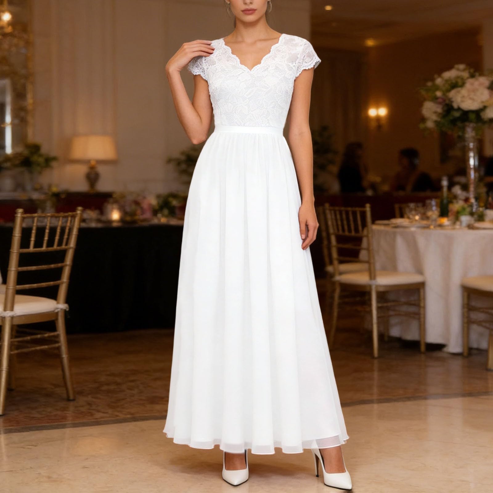 Vestido de noche largo y elegante para boda, vestido de noche, vestido de fiesta, gasa, cuello en V, línea A, vestido de baile, hasta el suelo, sexy, A5