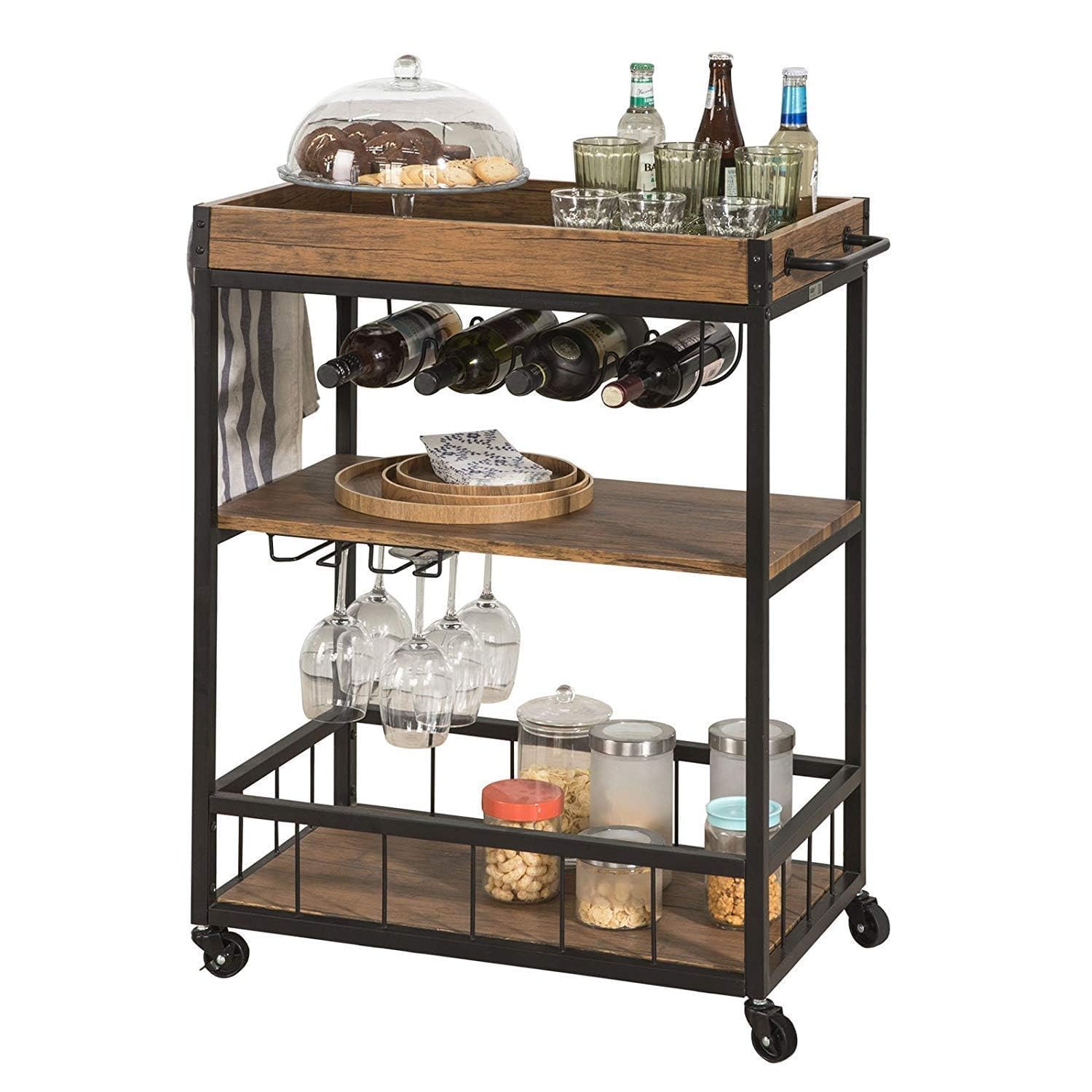 OGFC 45932 Classic Style MDF Wood Metal 3 Tiers Kitchen Serving Trolley with Wine Rack - Black