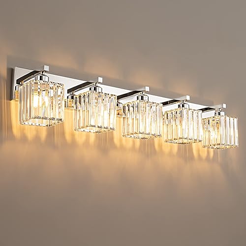 ZHLWIN Modern Chrome Crystal Bathroom Vanity Light 5-Lights Modern Bathroom Wall Light Chrome Bathroom Vanity Light Fixtures
