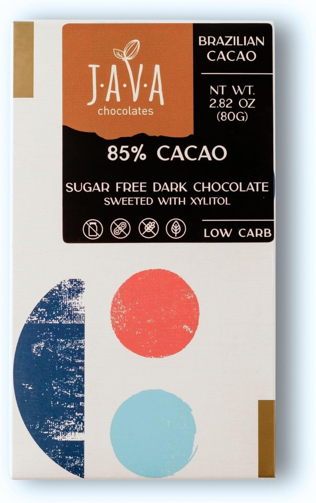 JAVA CHOCOLATES | Sugar Free Keto 85% cacao chocolate made with Xylitol | Sugar free, Keto, Vegan, Gluten Free, Dairy Free, Origin-made bean-to-bar chocolate | 2.82 oz - Pack of 6
