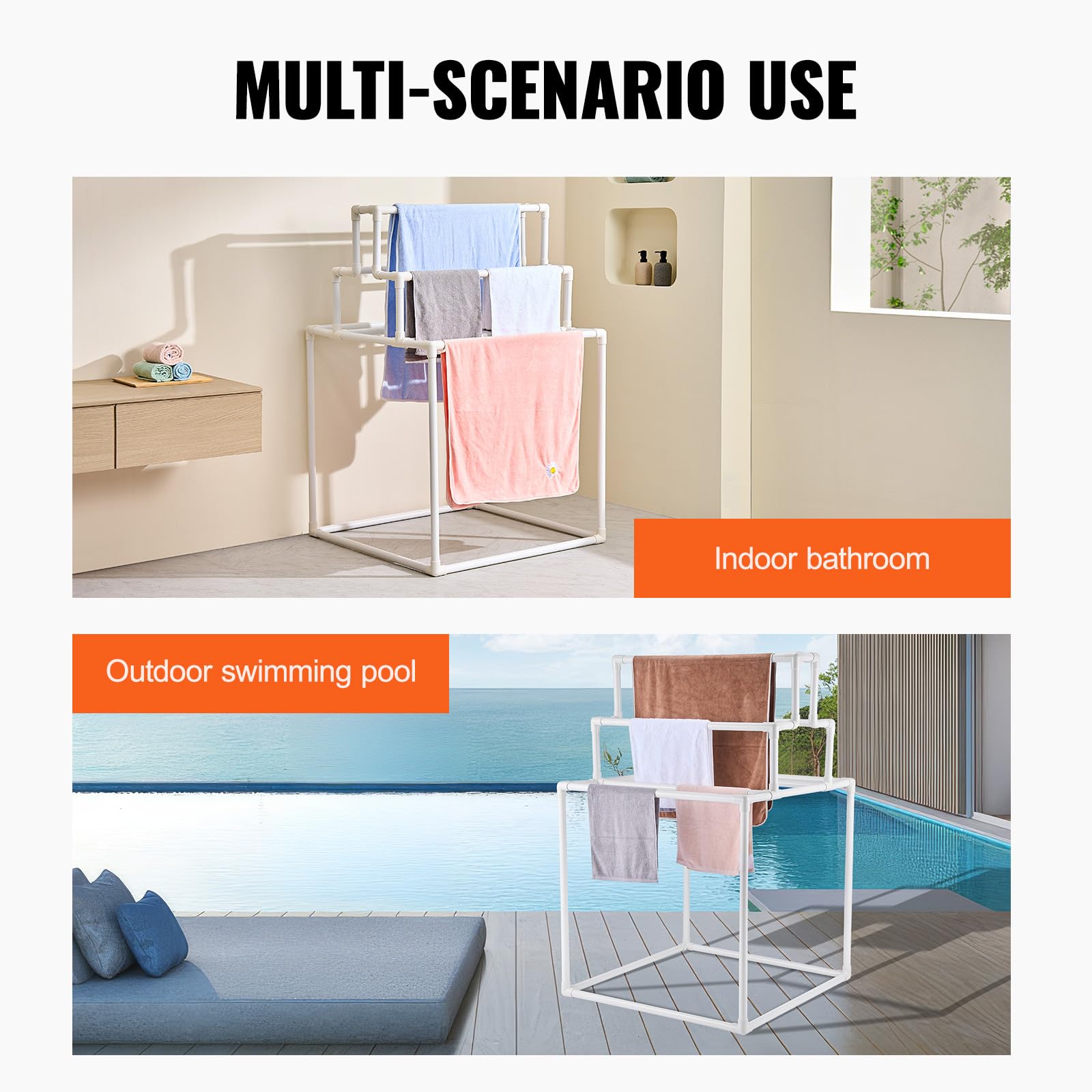 VEVOR Porte-serviettes, 8 barres, support de serviette d'extérieur en PVC, porte-serviettes sur pied de piscine, organisateur de séchage de couettes, pour bord de la piscine, salle de bain, spa, blanc