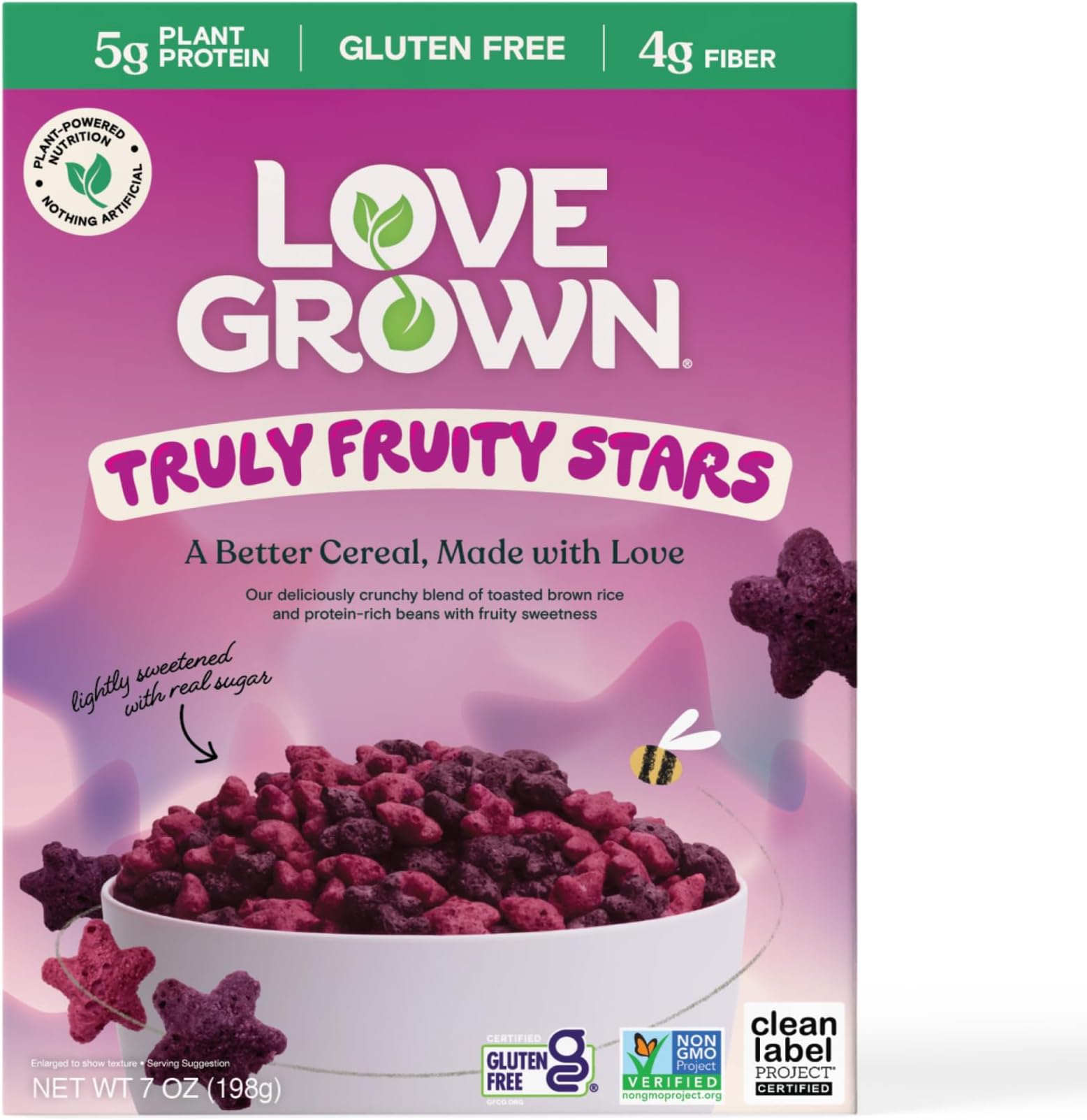 Love Grown Gluten-Free Bean Stars Cereal - Plant-Based, Vegan, Non-GMO Certified - 6g Added Sugar, High Fiber, Seed-Oil Free - No Artificial Colors or Flavors - Truly Fruity Flavor, 6 Pack, 7oz