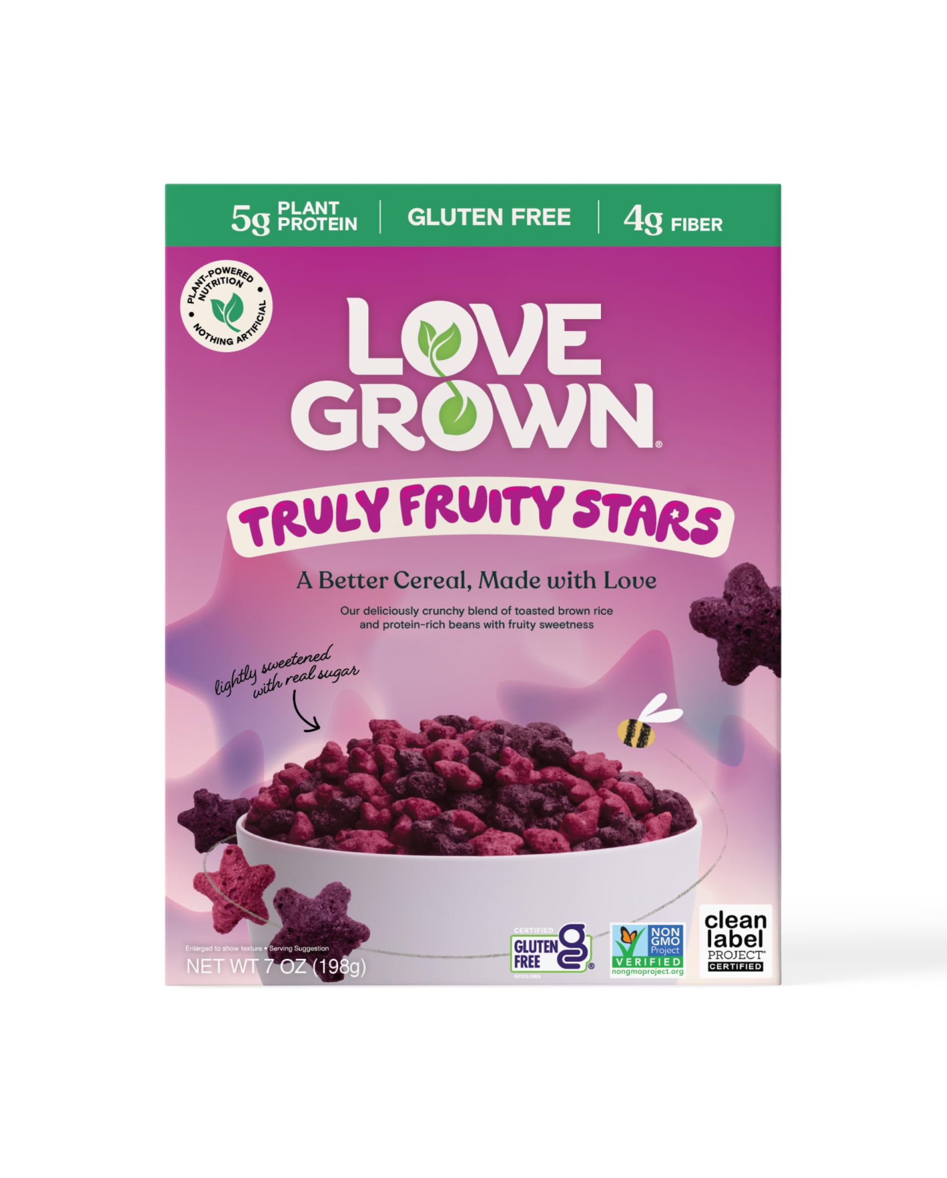 Love Grown Gluten-Free Bean Stars Cereal - Plant-Based, Vegan, Non-GMO Certified - 6g Added Sugar, High Fiber, Seed-Oil Free - No Artificial Colors or Flavors - Truly Fruity Flavor, 6 Pack, 7oz