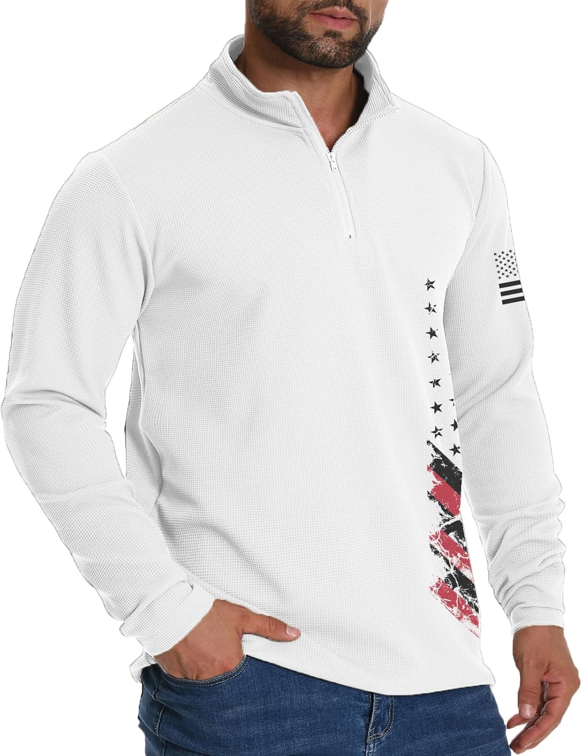 H HYFOL Mens Sweatshirt Waffle American Flag USA Patriotic Graphic Quarter Zip Stand Collar Casual Pullover - Image 3