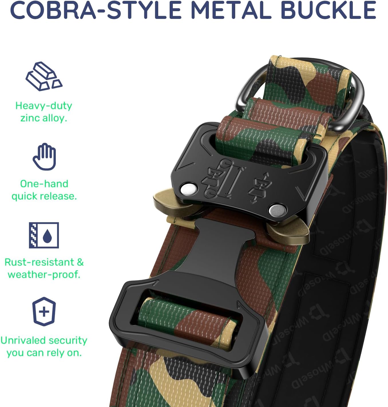 WhoseID Premium Tactical Dog Collar - Adjustable Military Heavy Duty Dog Collar for Medium Large Dogs - Durable Metal Buckle Dog Collar with Leather Control Handle and Soft Comfortable Padding