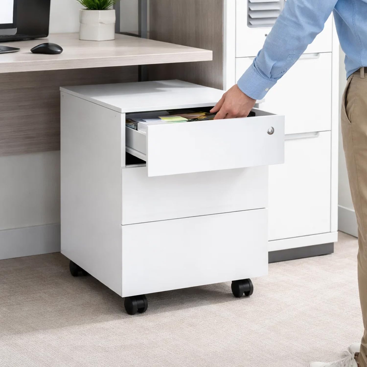 Spacio Cajonera metálica Oficina 2 o 3 cajones Buck movil Archivador Profesional Alta Gama con Ruedas y Cerradura 40 x 54 x 55 cm (Blanco, 3 Cajones)