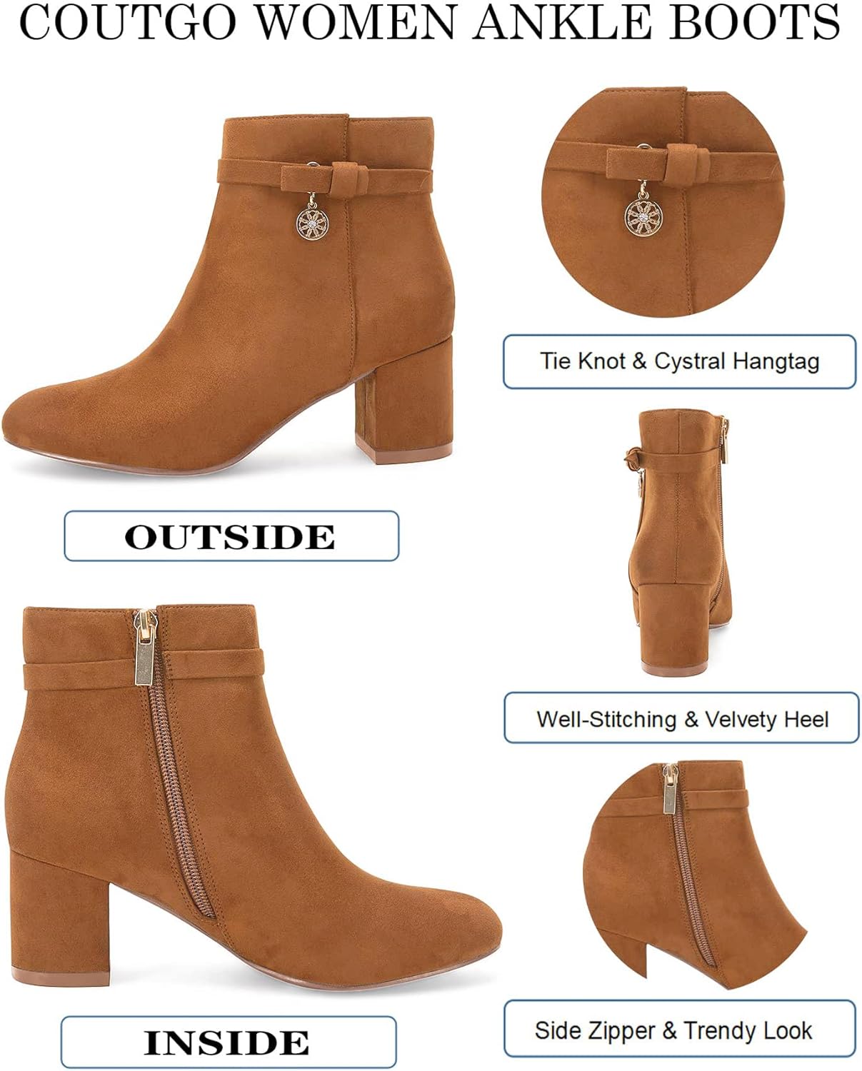 Coutgo Women's Ankle Boots Chunky Block Low Heel Vintage Tie Knot Booties Shoes with Side Zipper - Image 4