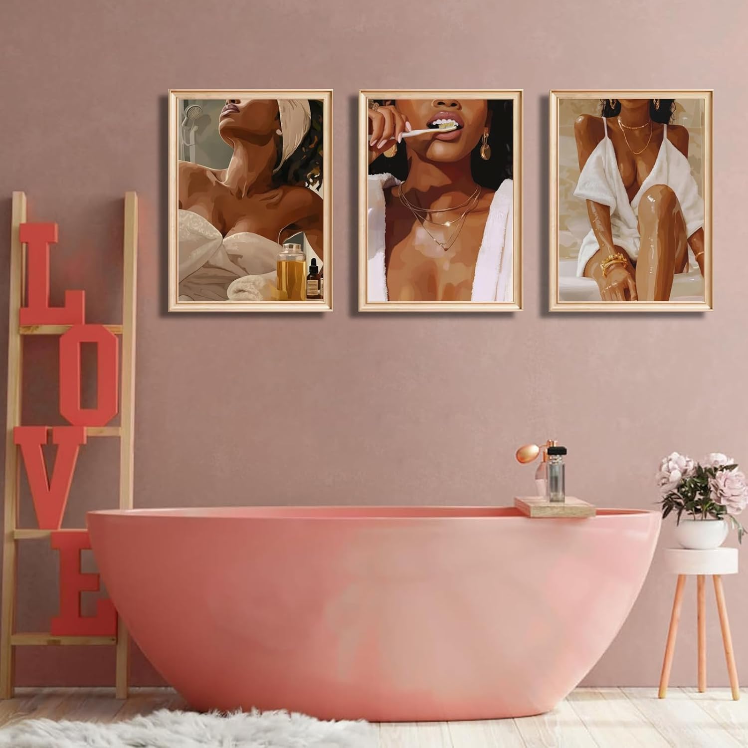 VONFRAENIT 3 Pcs Fashion Black Girl Bathroom Wall Art African American Women Painting Funky Girl Room Wall Decor Pictures for Powder Room Restroom Dorm Bathroom Apartment Decorations Unframed