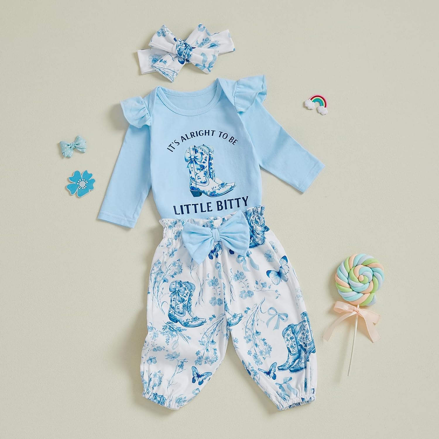 Baby Cowgirl Outfit Letters Long Sleeve Ruffle Romper Floral Pants Headband Sets 1st Rodeo Clothes 0-18 Months - Image 3