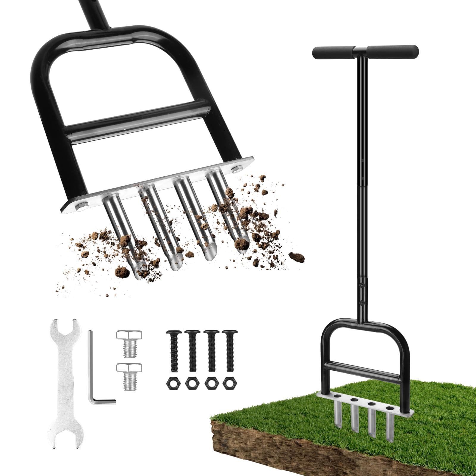 Stainless Steel Manual Lawn Aerator - Lawn Core Scarifier 4 Teeth Lawn Aerator for Garden, Sports Field and Green Areas