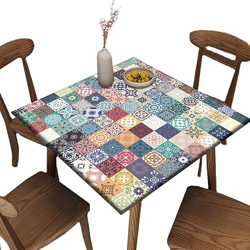 Miniatura 15 de Mantel elástico cuadrado para mesas de hasta 36 pulgadas, mantel ajustable impermeable con estampado de madera, mantel de poliéster lavable para