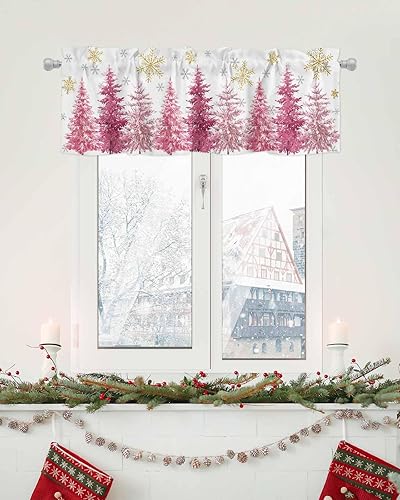 Miniatura 6 de TOUBE Cortina de cenefa para ventana, árbol de Navidad rosa, copos de nieve, cenefa de ventana con bolsillo para barra, cenefa de ventana para