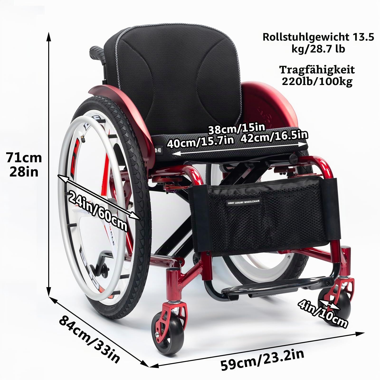Leichtes Sport-rollstuhl, Aluminium Leichte Rollstühle, Faltbarer Aluminium-rollstuhl, Ultra-leichte Sport-rollstuhl Im Gesamten Taster, Für Jugendliche, Erwachsene, Senioren(42cm/16.5in,Red - Hard ba