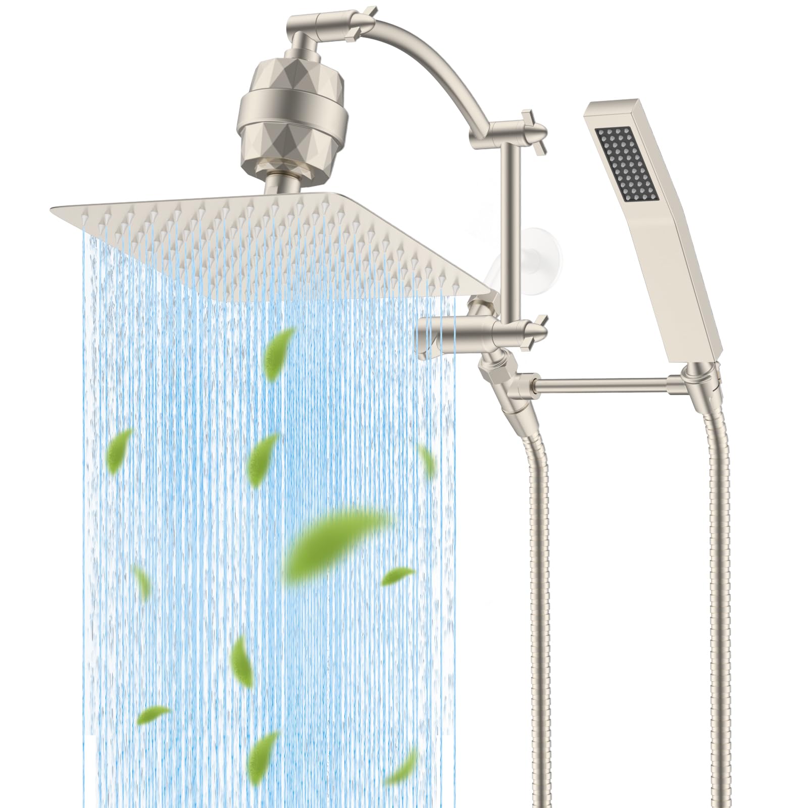 Hibbent Alcachofa de ducha de metal filtrada de 10 pulgadas con combo de mano, varita de ducha de alta presión, brazo de extensión de arco ajustable de 16 pulgadas, filtro de ducha de 20 etapas