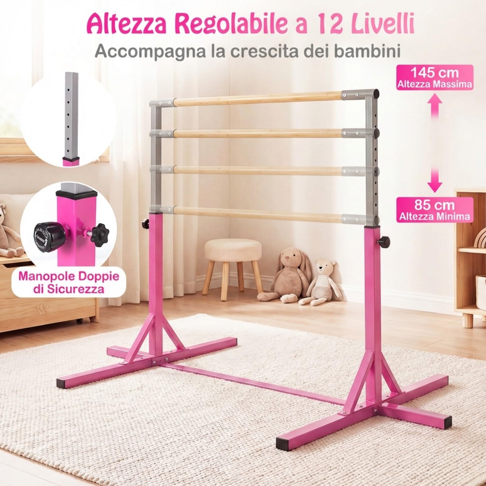 COSTWAY Sbarra per Ginnastica e Danza per Bambini, Barra in Metallo e Bambù Regolabile in Altezza 85-145 cm, Portatile con Cuscinetti Antiscivolo