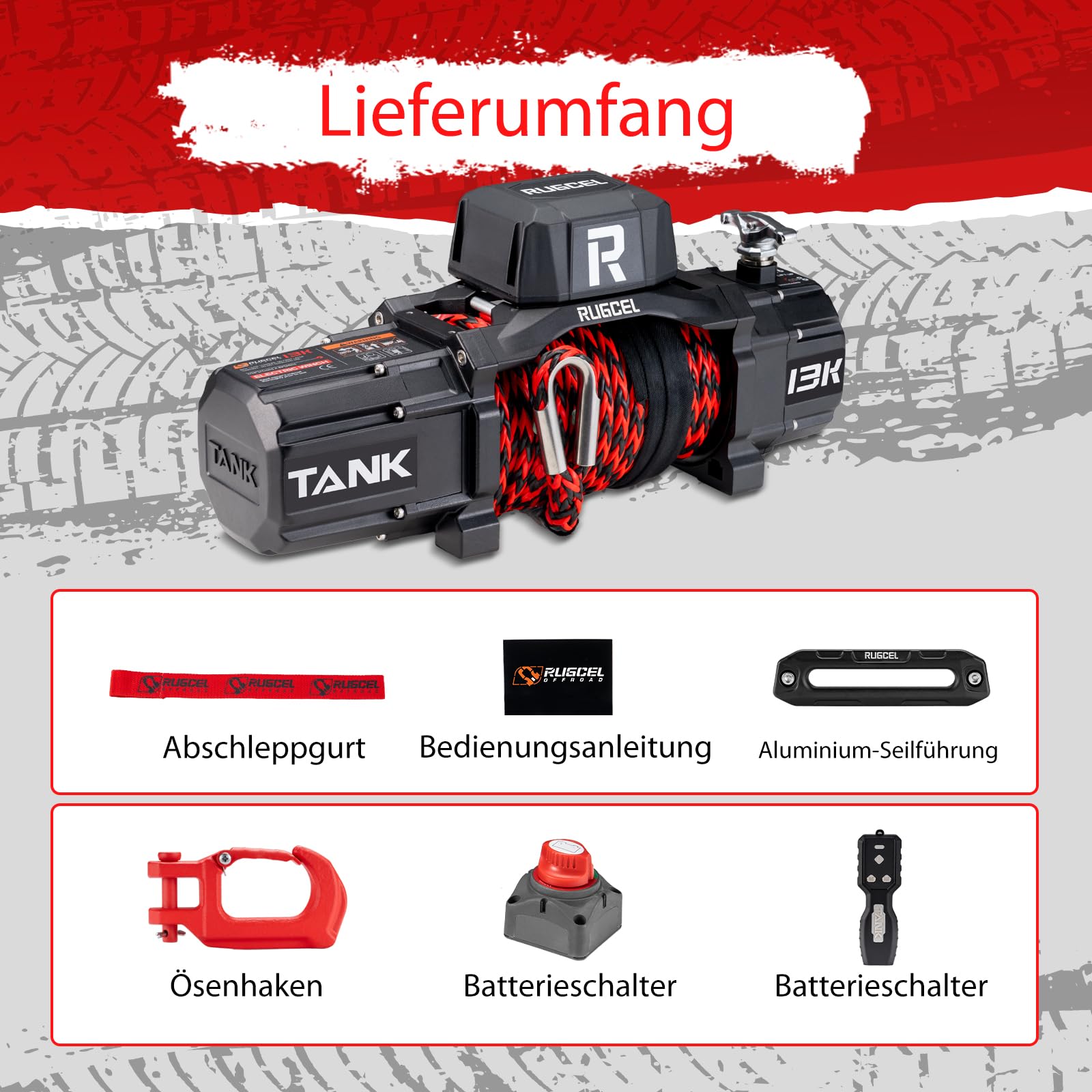 RUGCEL WINCH Elektrische Seilwinde 6123 kg (13500 lbs), 12V DC, IP67 Wasserdicht, Synthetisches zweifarbiges Seil, Hawse Fairlead, 2-in-1 Kabellose Fernbedienung, für LKW SUV Off-Road