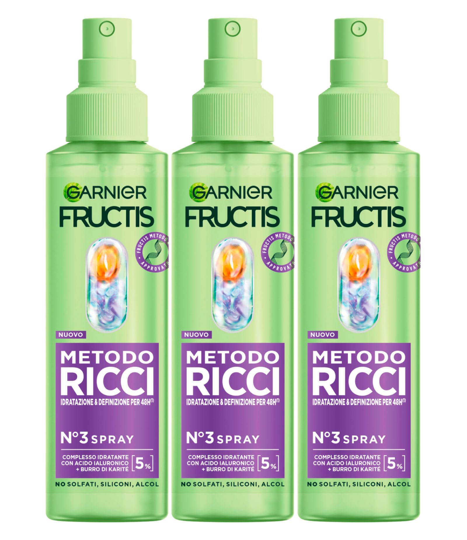 Garnier Fructis Método Rizos Sérum Spray Hidratante con Ácido Hialurónico y Manteca de Karité Define Nutre y Revitaliza el Rizo Fórmula Vegana Sin Siliconas - 3 Envases de 150ml