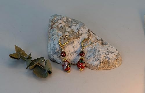 Miniatura 7 de LTC Designs Aretes de cierre de palanca rellenos de oro de 14 quilates con gotas de cloisonne floral rojo vintage para mujer, aretes unisex