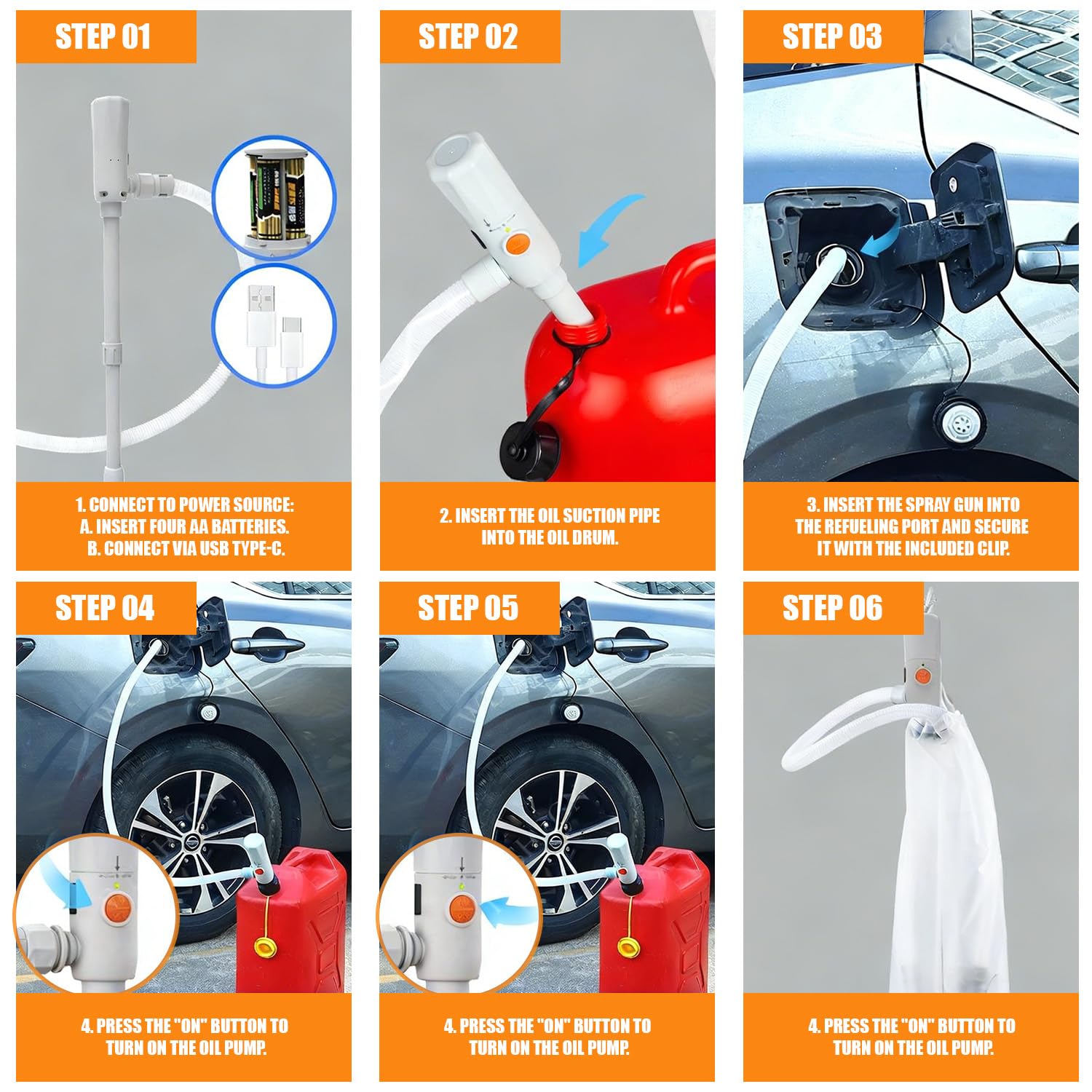 Bomba de gasolina para bidón – Doble alimentación (USB-C/AA), 3,2 GPM, bomba de transferencia de combustible eléctrica con parada automática, bomba de aceite eléctrica portátil, manguera de 51