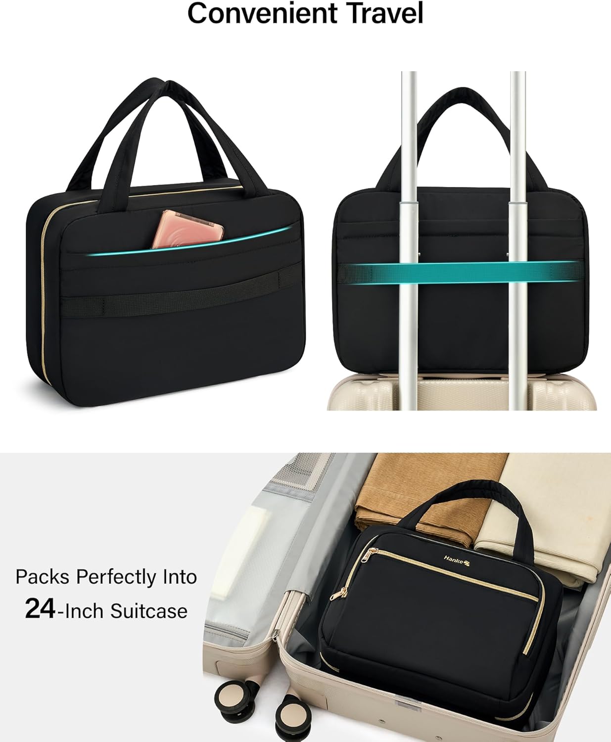 Hanke Hanging Travel Toiletry Bag for Women, Water-Resistant Makeup Organizer with Hook, Cosmetic Bag for Bathroom & Travel Essentials Accessories, Black