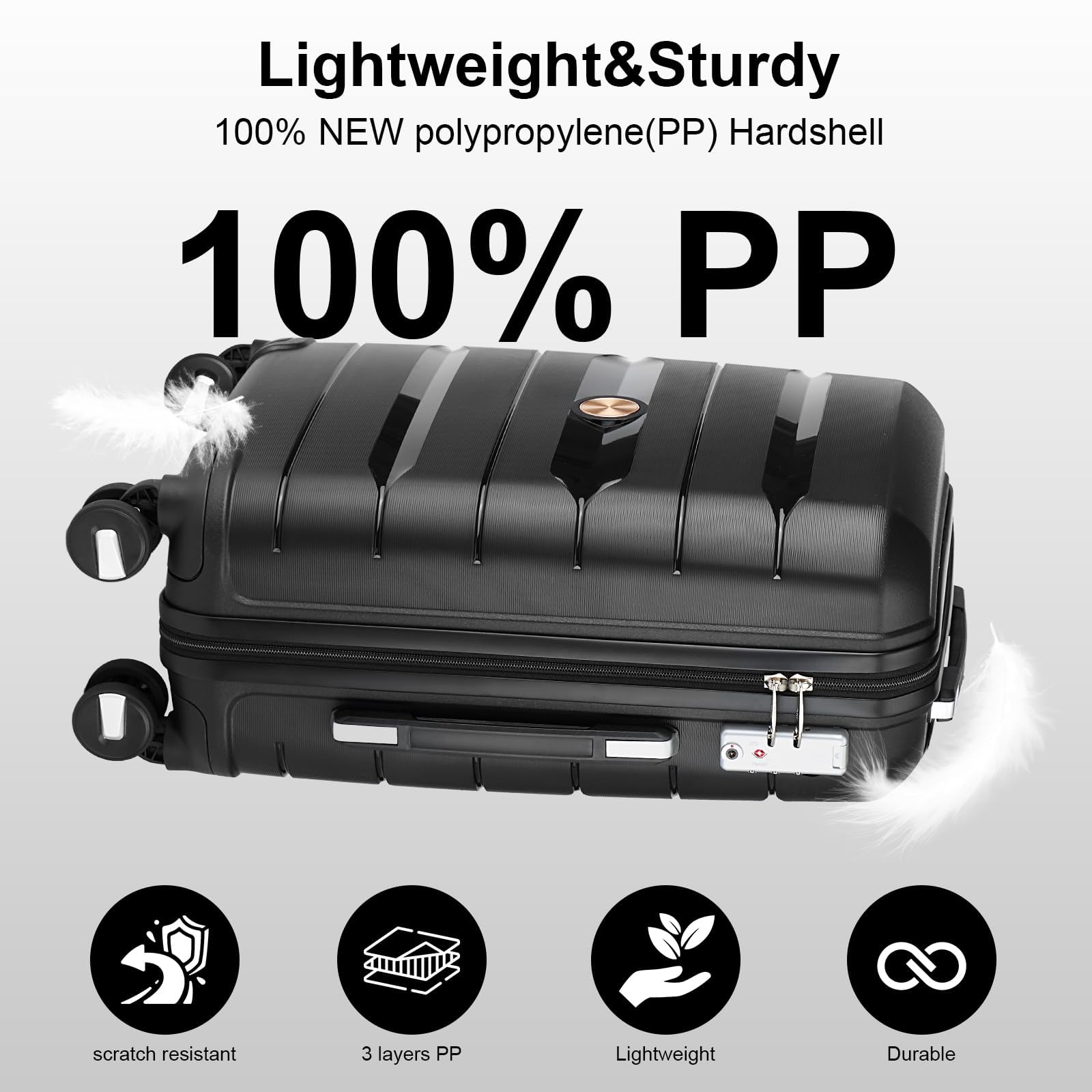 Sea choice Valise Cabine Extensible Valise Rigide légère en PP avec 4 roulettes Doubles Pivotantes avec Fermeture éclair, approuvé Serrure TSA, avec Vanity, 55x39x21cm