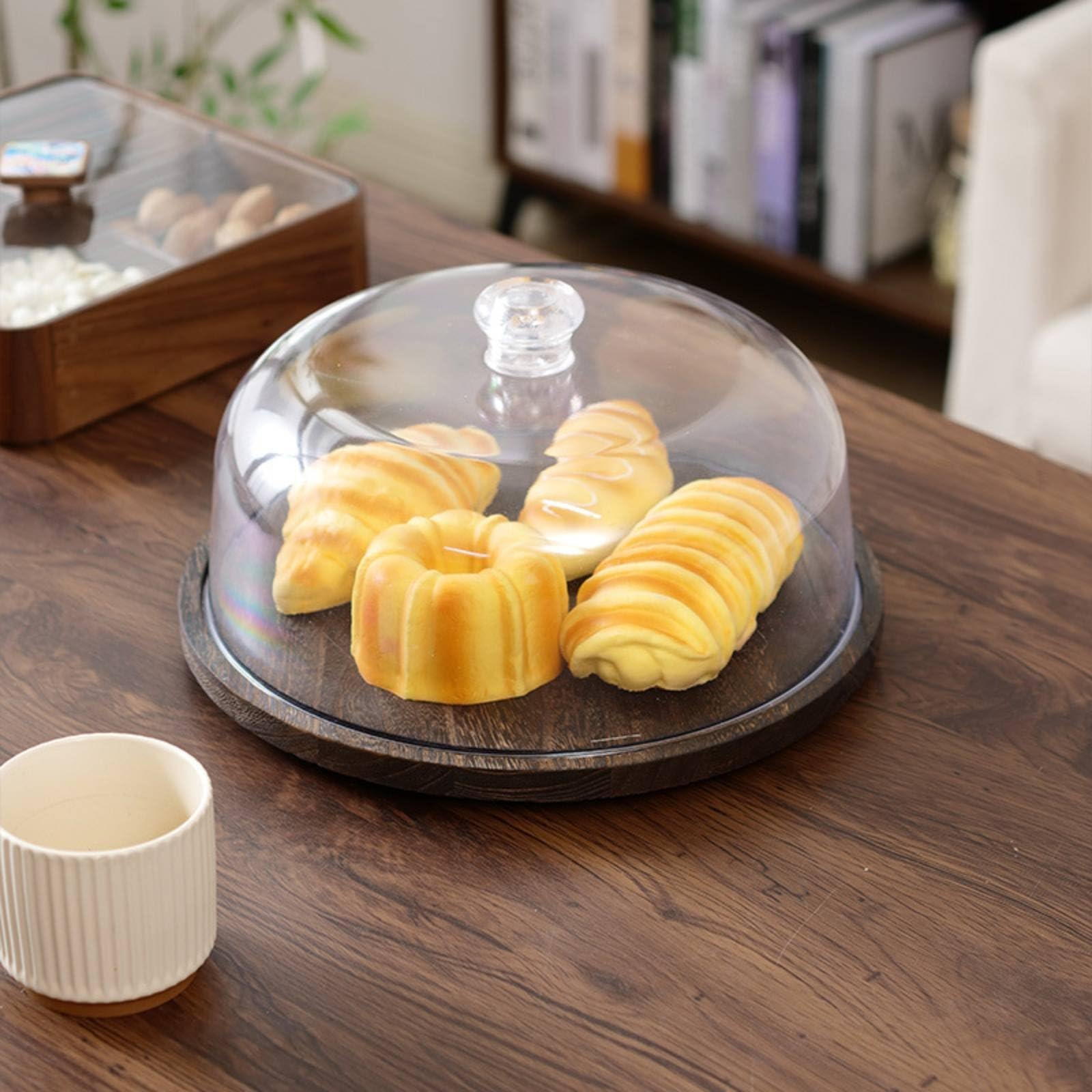 Alzata Trasparente per Torte Piatto Torta Vassoio Dessert Campana con Base in Legno Rotante E Cupola in Acrilico per Presentare Dolci E Antipasti, Stile 2