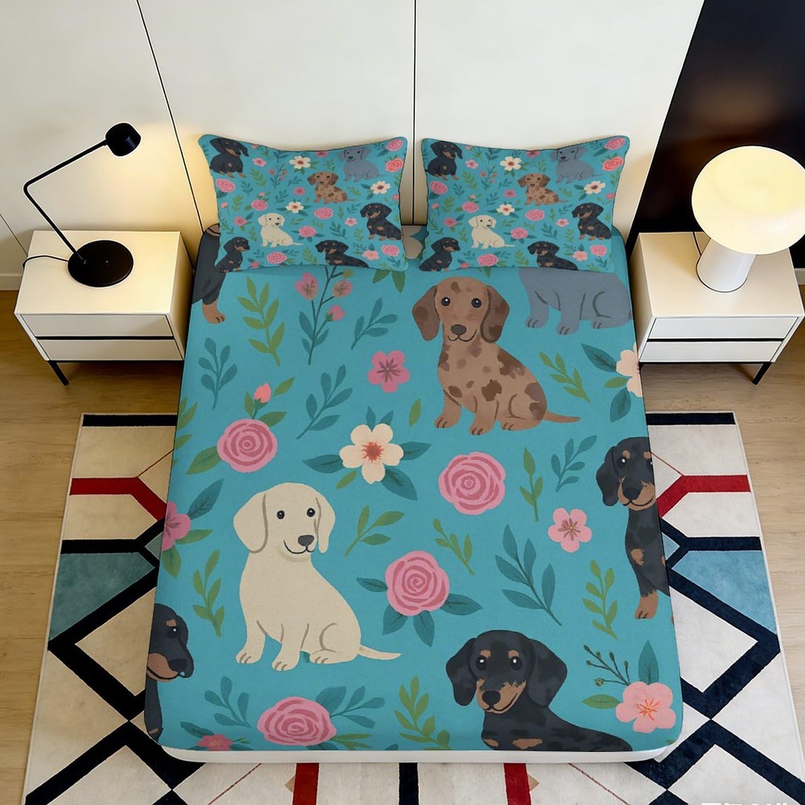 3D Printed Dachshund Dog Floral Fitted Sheet Microfiber Non-slip Bed Cover for Bedroom Guest Room Easy Care 90x200x25cm