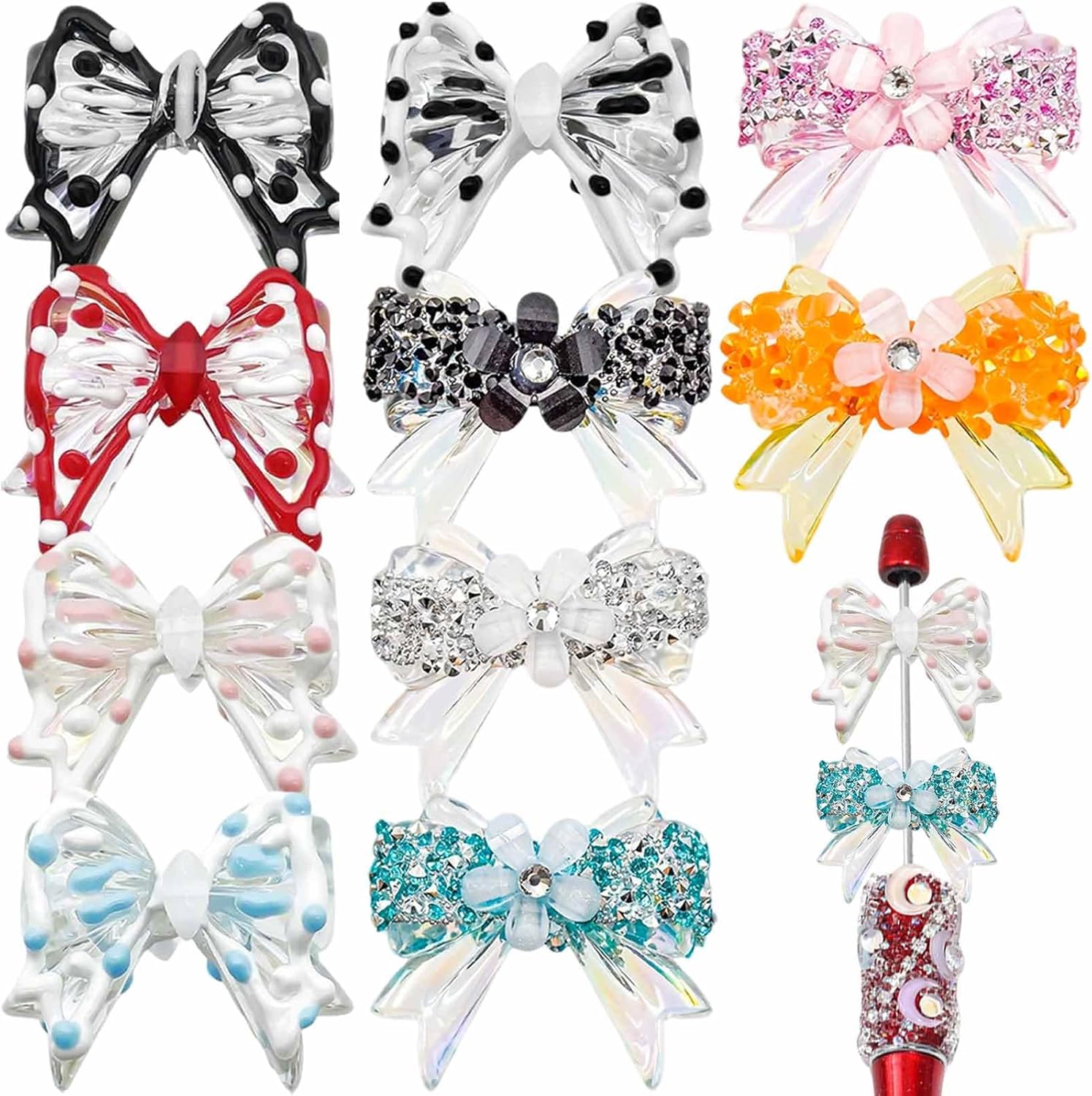 10 PCS Bow Beads for Pens Rhinestone Bowknot Beads Fancy Colorful Butterfly Decorative Accessories Flowers Bead for DIY Beadable Keychain Jewelry Making racelet Necklace Crafts Charms (2 Styles)