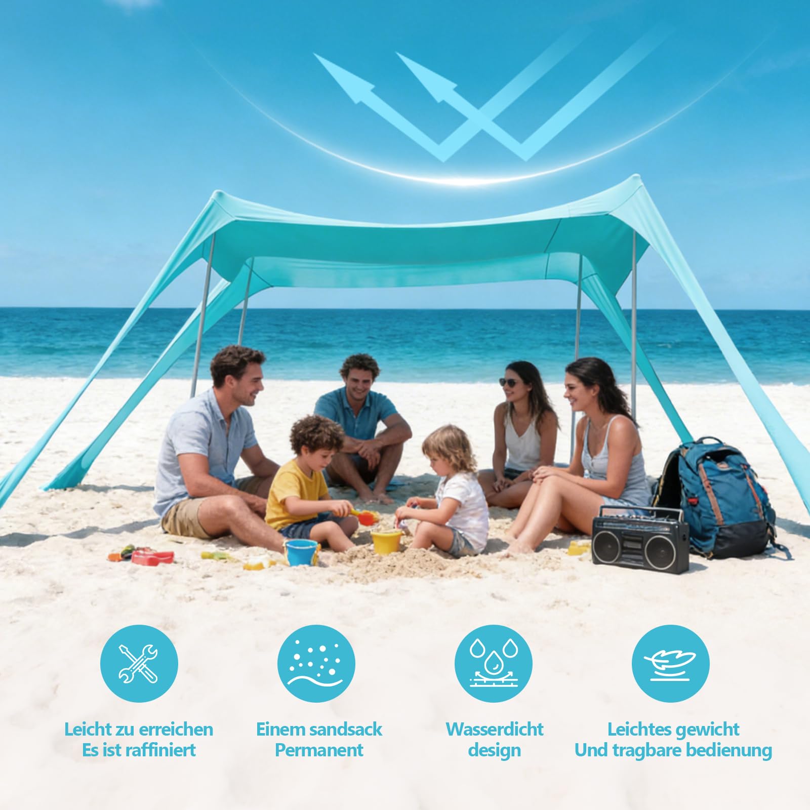 Sonnenschutz Strandzelt mit UPF50+ 2.2 x 2 x 1.6 m Strand Sonnensegel mit Sandschaufel & Erdnägeln - Strandmuschel UV Beach Tent leichte Strandüberdachung für Camping, Picknick, Garten (Turquoise)