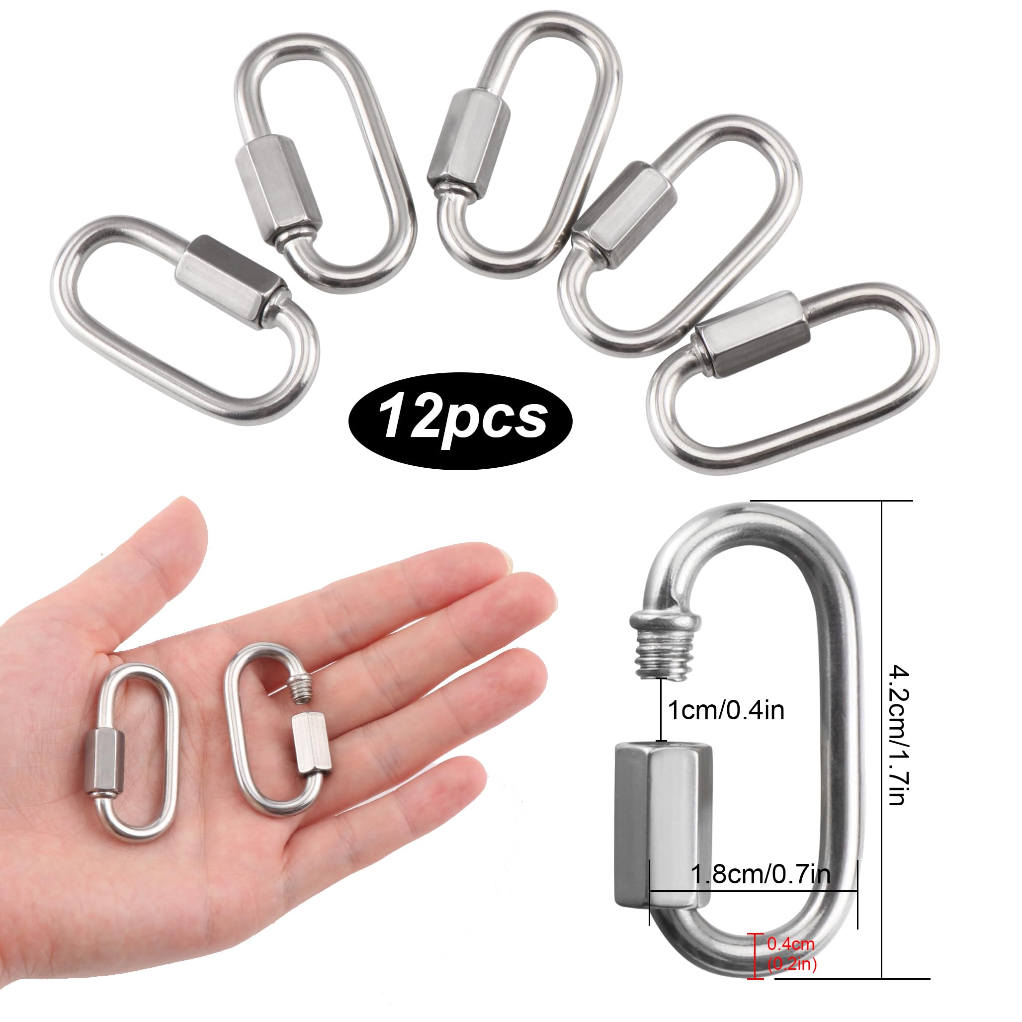 12 Pezzi Moschettone a Vite M6 in Acciaio Inox 304 - Connettori Moschettoni con Chiusura Avvitabile e Tappo Fisso Blocco Sicuro per Attrezzature Outdoor, Biciclette, Imbracature e Fai da Te