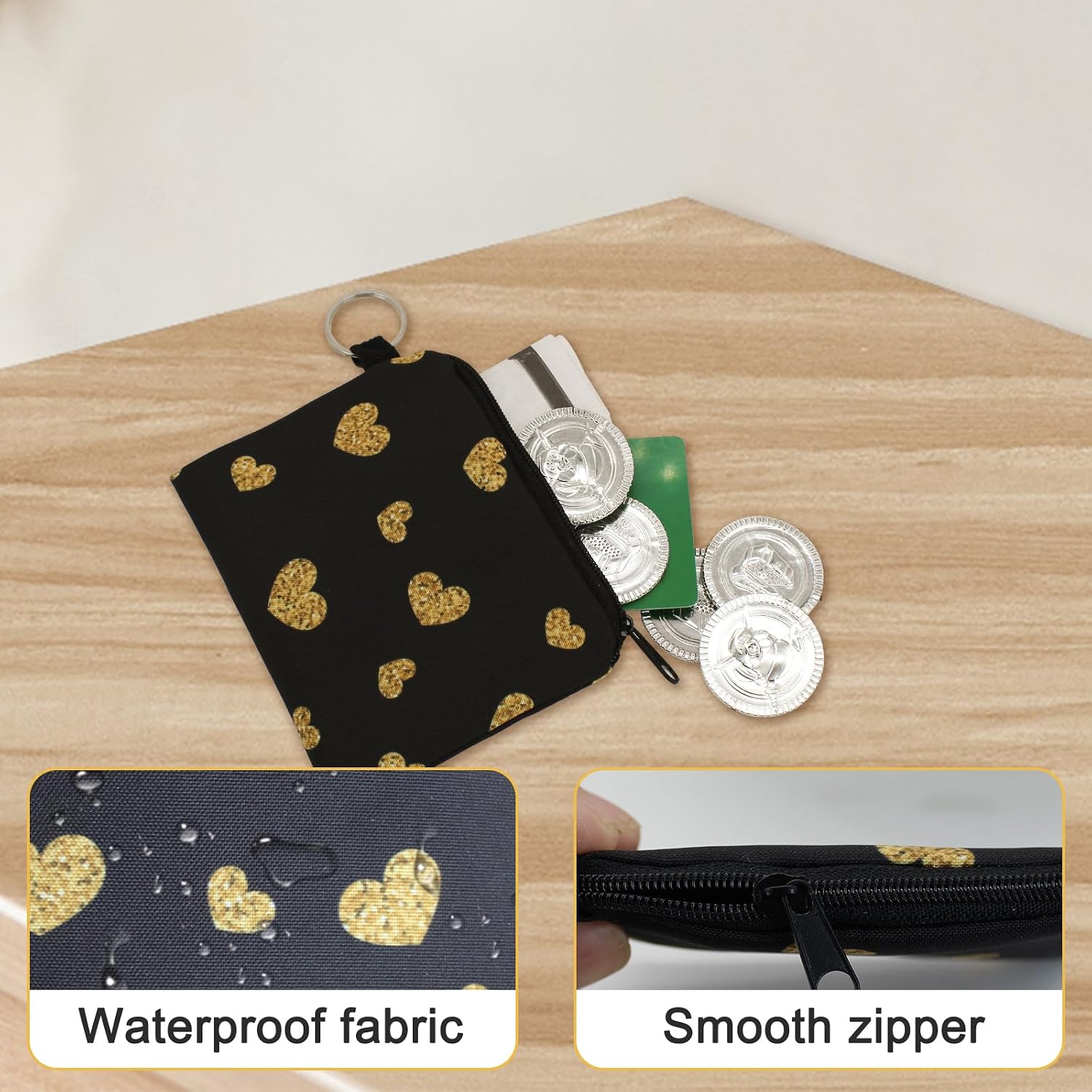 Coin Purse, Cute Coin Pouch for Women Small Canvas Pouch with Key Ring Zip Change Purse Heart Pattern Coin Bag (Black and Gold)