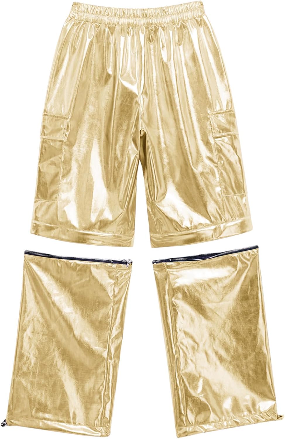 JEYPINMI Unisex Boys Girls Shiny Leggings with Pockets Metallic Cargo Pants Hip-Hop Dancewear Jazz Dance Trousers