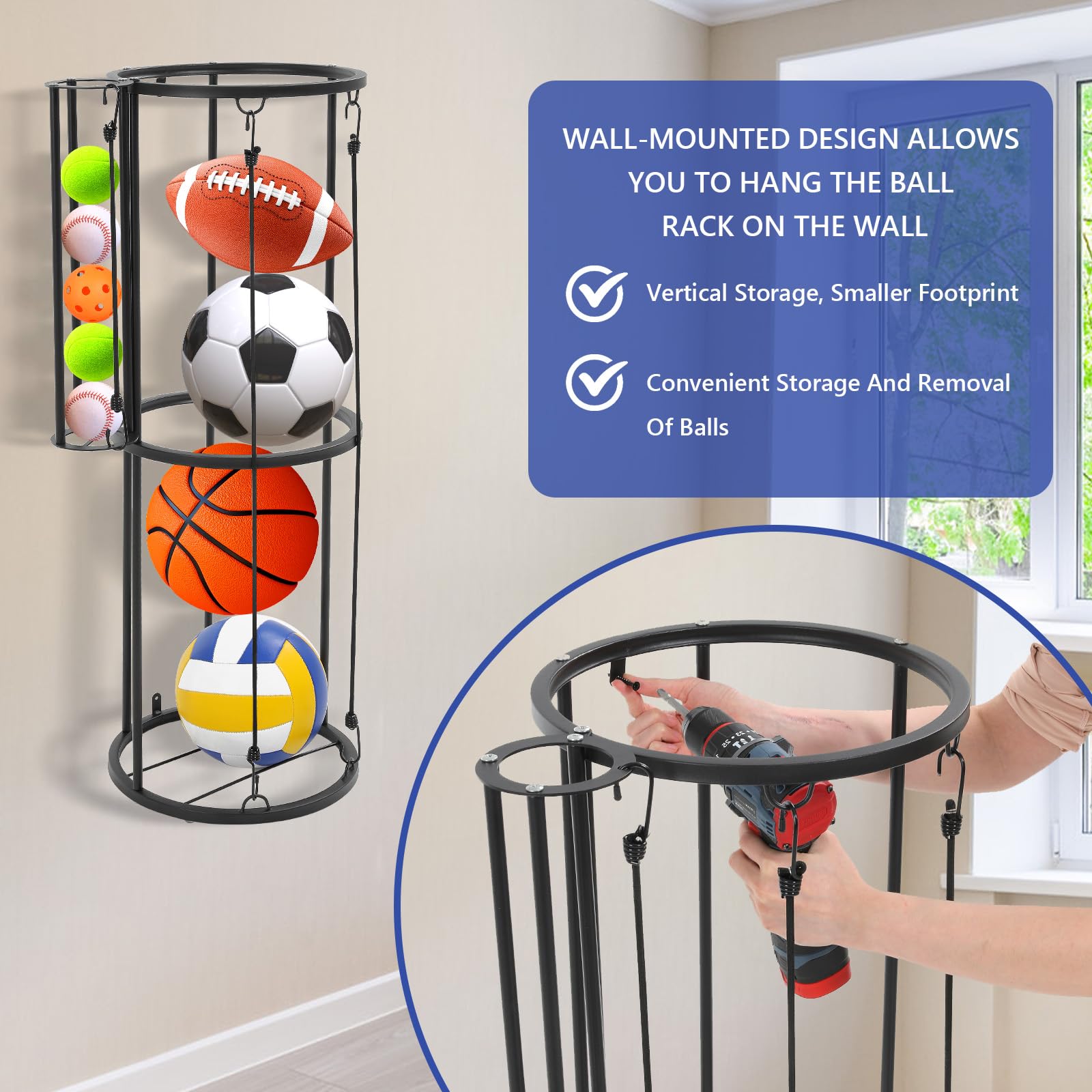 Scaffale portaoggetti per palline da garage, supporto verticale per pallacanestro, calcio, pallavolo, calcio, organizer salvaspazio per attrezzature da garage e cantina, uso esterno, nero