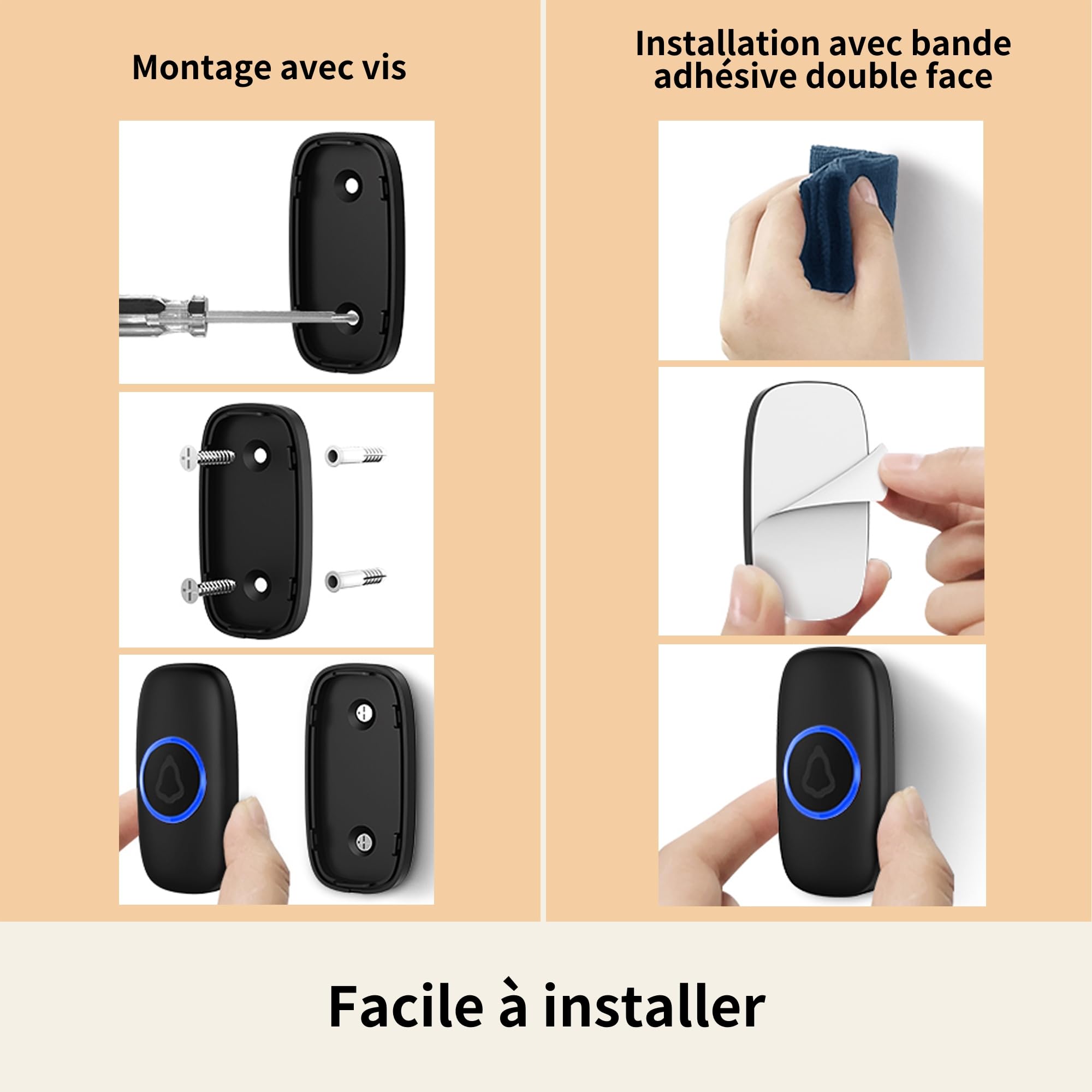 Sonnette sans Fil, Étanche IP55, Portée de Signal Étendue, Kit de Carillon Électronique avec Récepteurs à LED Enfichables pour la Maison, Noir
