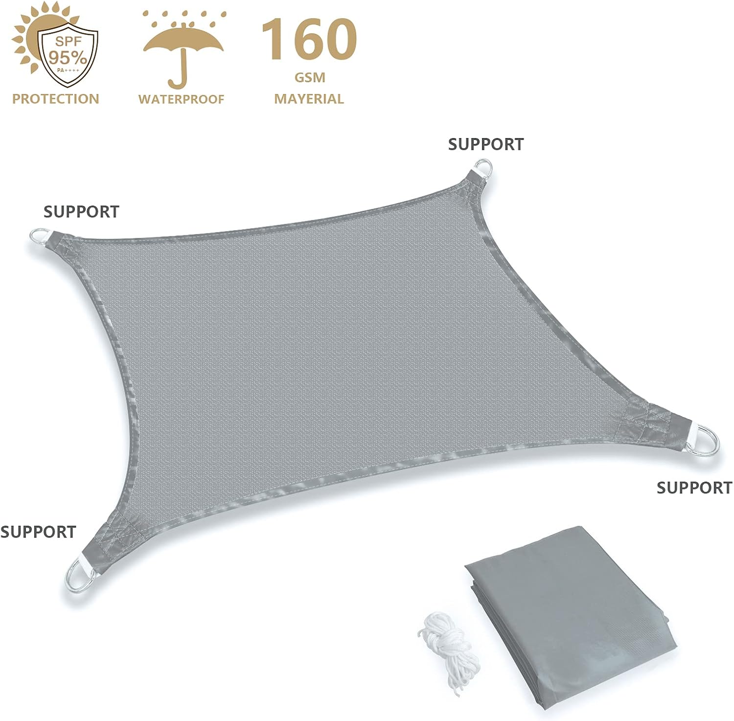 Sun Shade Sail, 10'x13' Rectangle Sunscreen Awning Canopy, Waterproof Shade Sail, 95% UV Block with Free Rope, for Outdoors, Garden, Patio, Yard, Party(Grey)