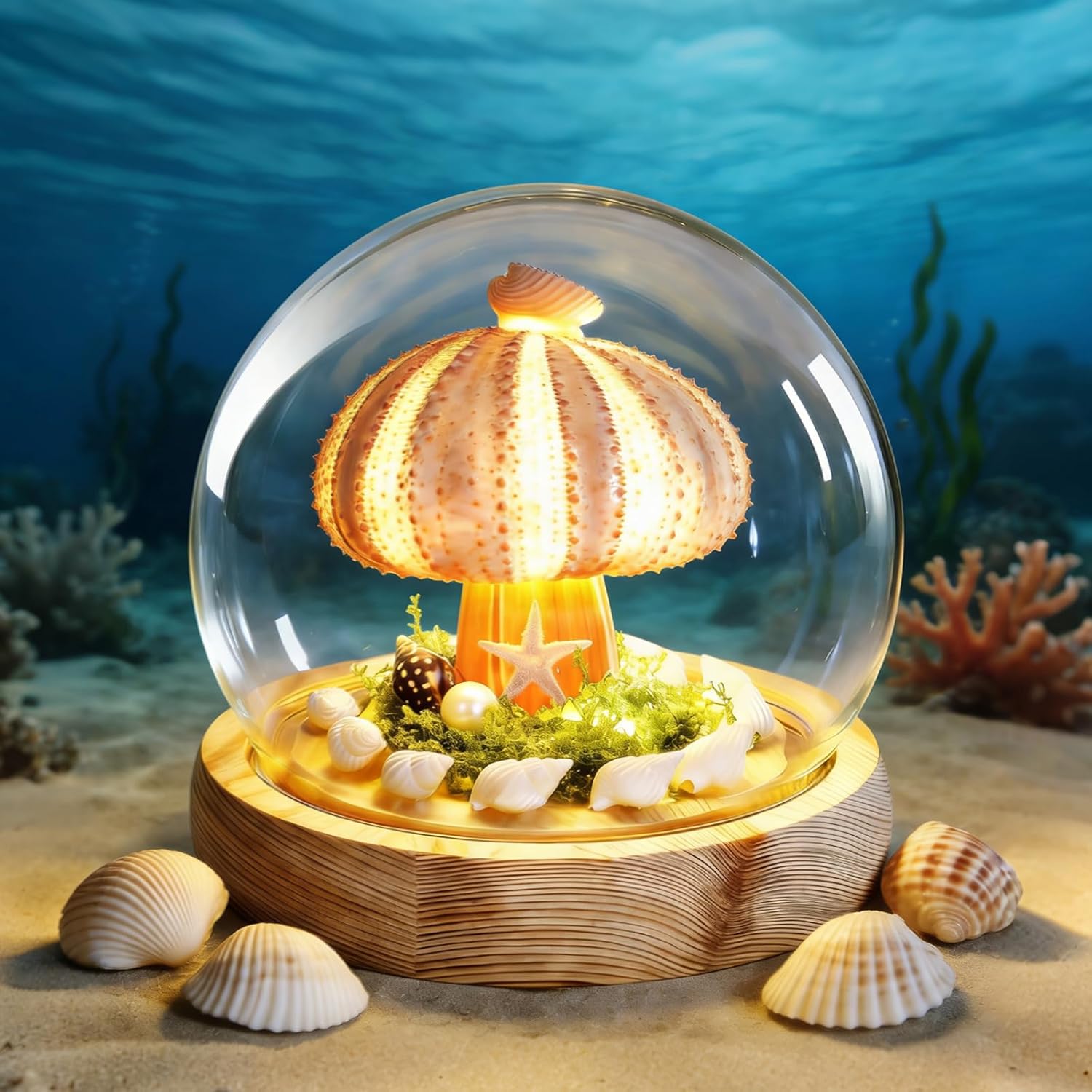 Glass Dome Shell Sea Urchin Handmade Night Light, Warm White LED Desktop Lamp for Bedroom Decor, Unique Gifts for Women