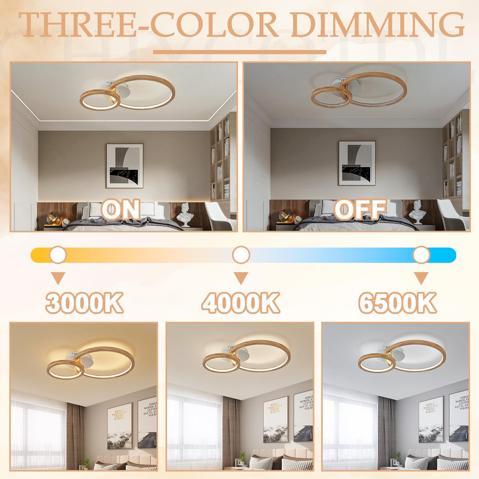 Lámpara de techo de madera, 24 W, regulable, 3000 – 6000 K, para dormitorio, salón, cocina, comedor, pasillo, casa, oficina, niño, diámetro de 40 cm | Araña de madera,Para habitación,Salón,Cocina,Comedor,Pasillo,Casa,Oficina,