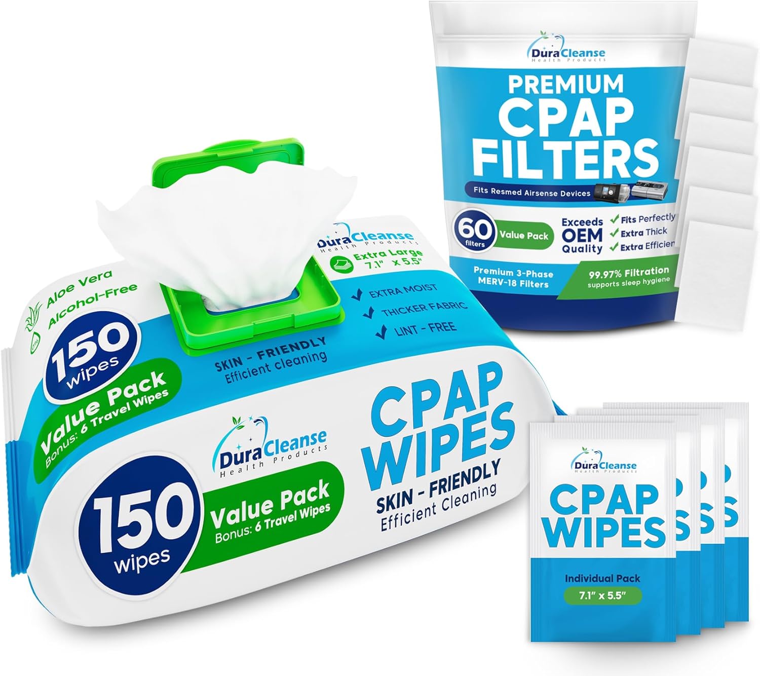 DuraCleanse CPAP Mask Wipes and CPAP Filters Bundle containing 150 Count Jumbo Pack