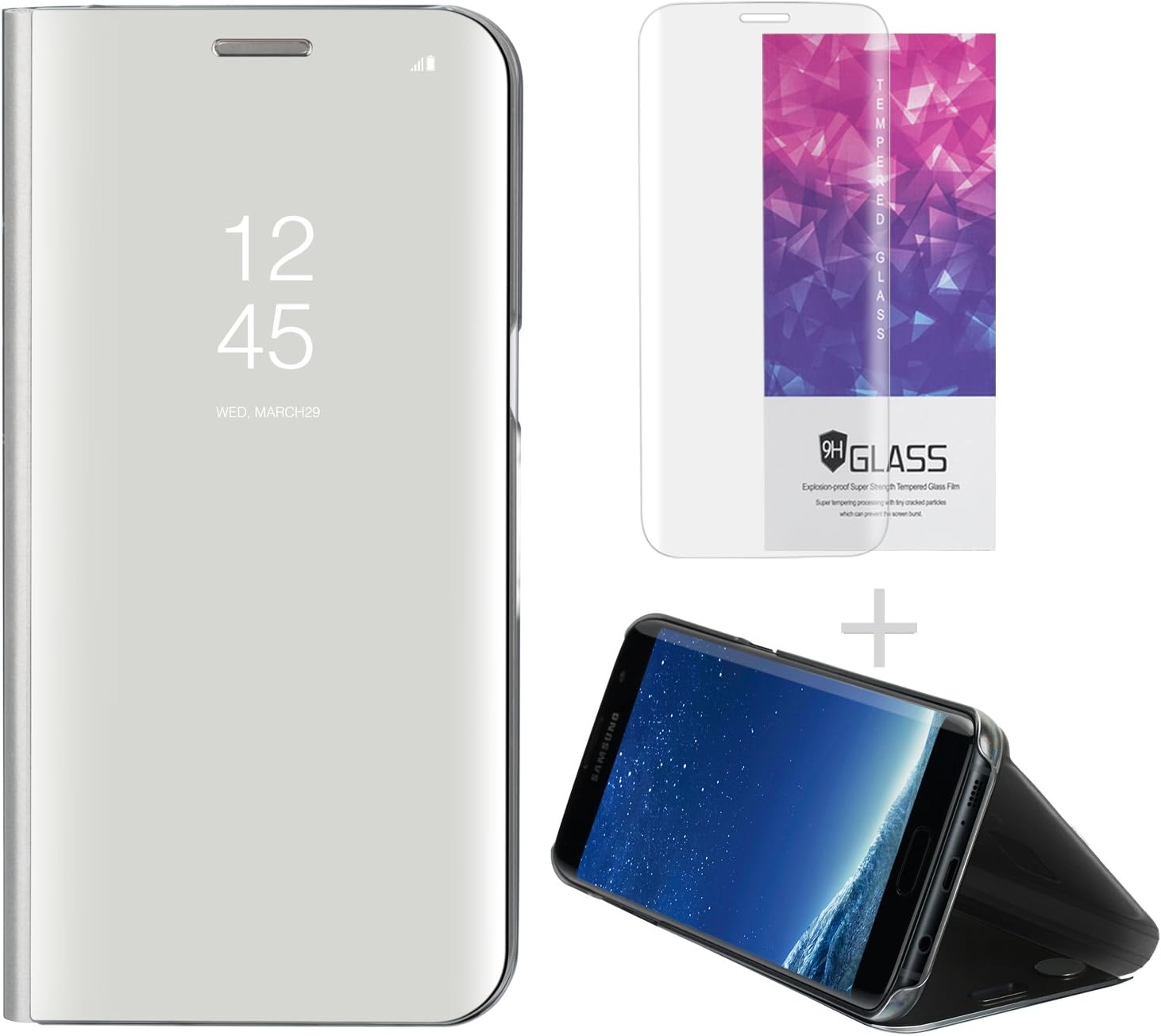 Hanglong Clear View Standing Cover Flip Case For Samsung Galaxy S7 Edge (With One Tempered Glass Screen Protector)-Silver