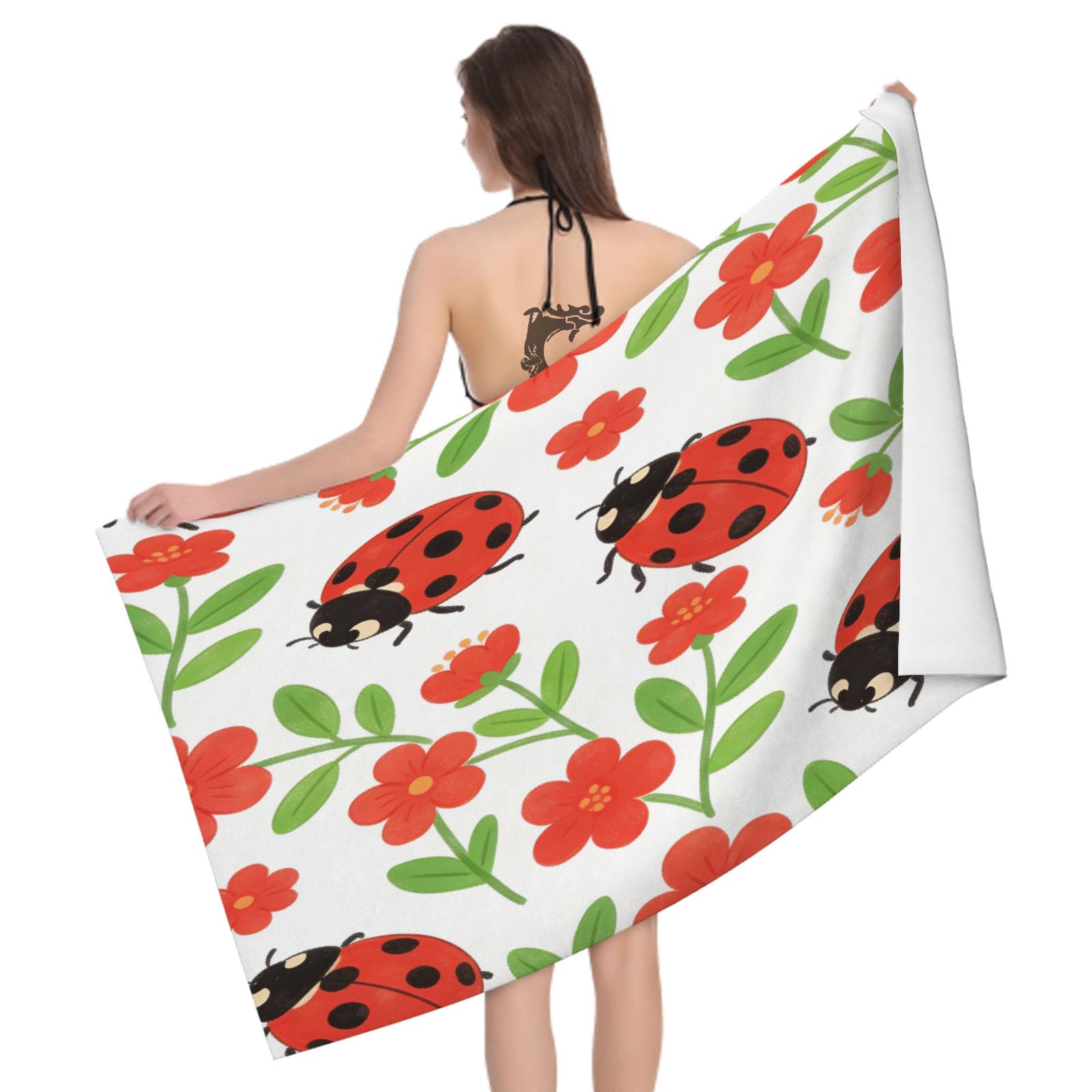 Leichong 3D Ladybug Beach Towel Large Microfiber Soft Quick Dry for Adults, Red Flowers Bath Towel Lightweight Soft Absorbent for Travel Swimming Pool Sports, 180 x 90 cm