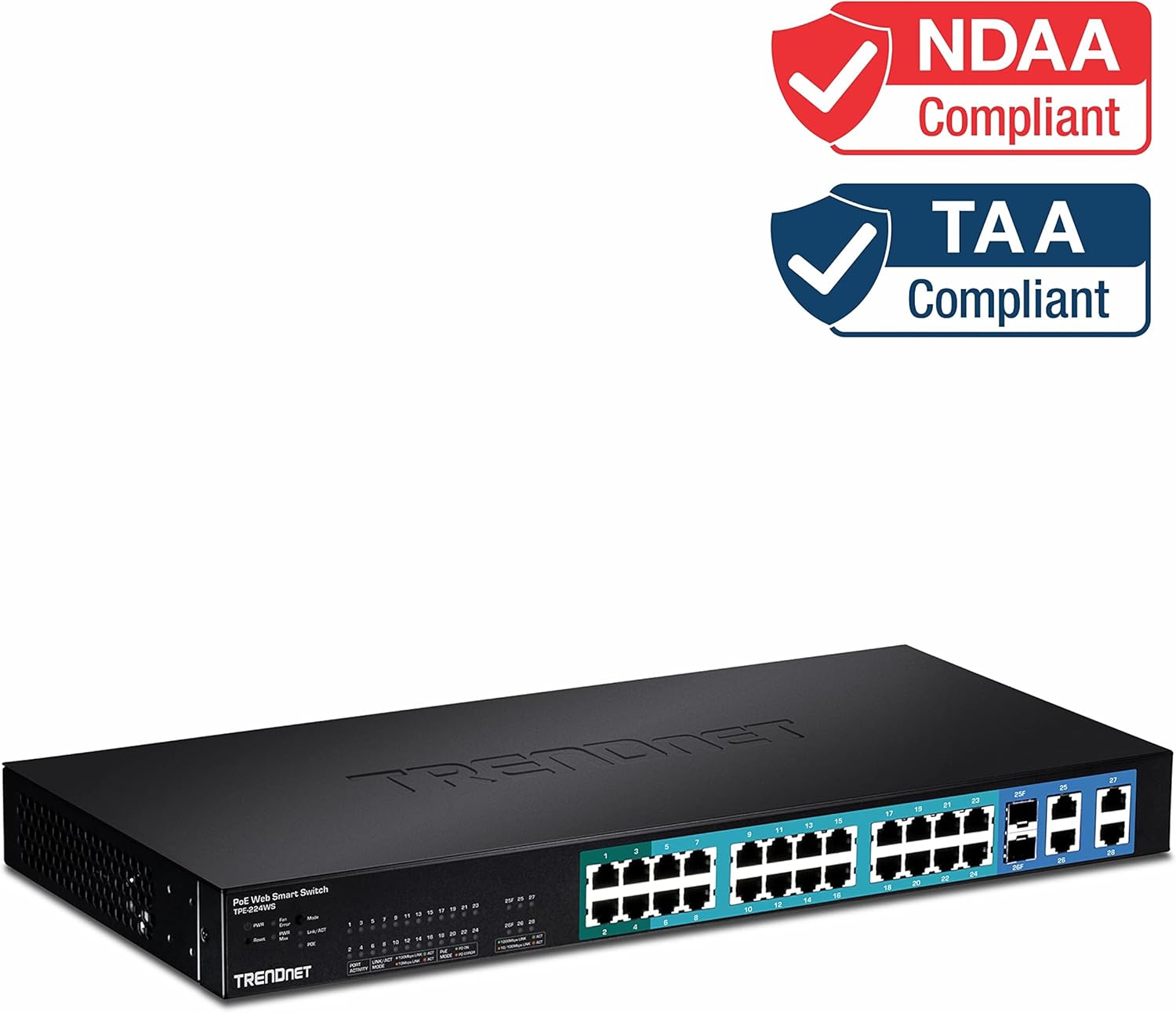 TRENDnet 28-Port 10/100Mbps Web Smart PoE+ Switch, 20 x PoE Ports, 4 x PoE+ Ports, 2 x Gigabit Ports, 2 x Shared Gigabit Ports (RJ-45 or SFP), Rack Mountable, Lifetime Protection, Black, TPE-224WS