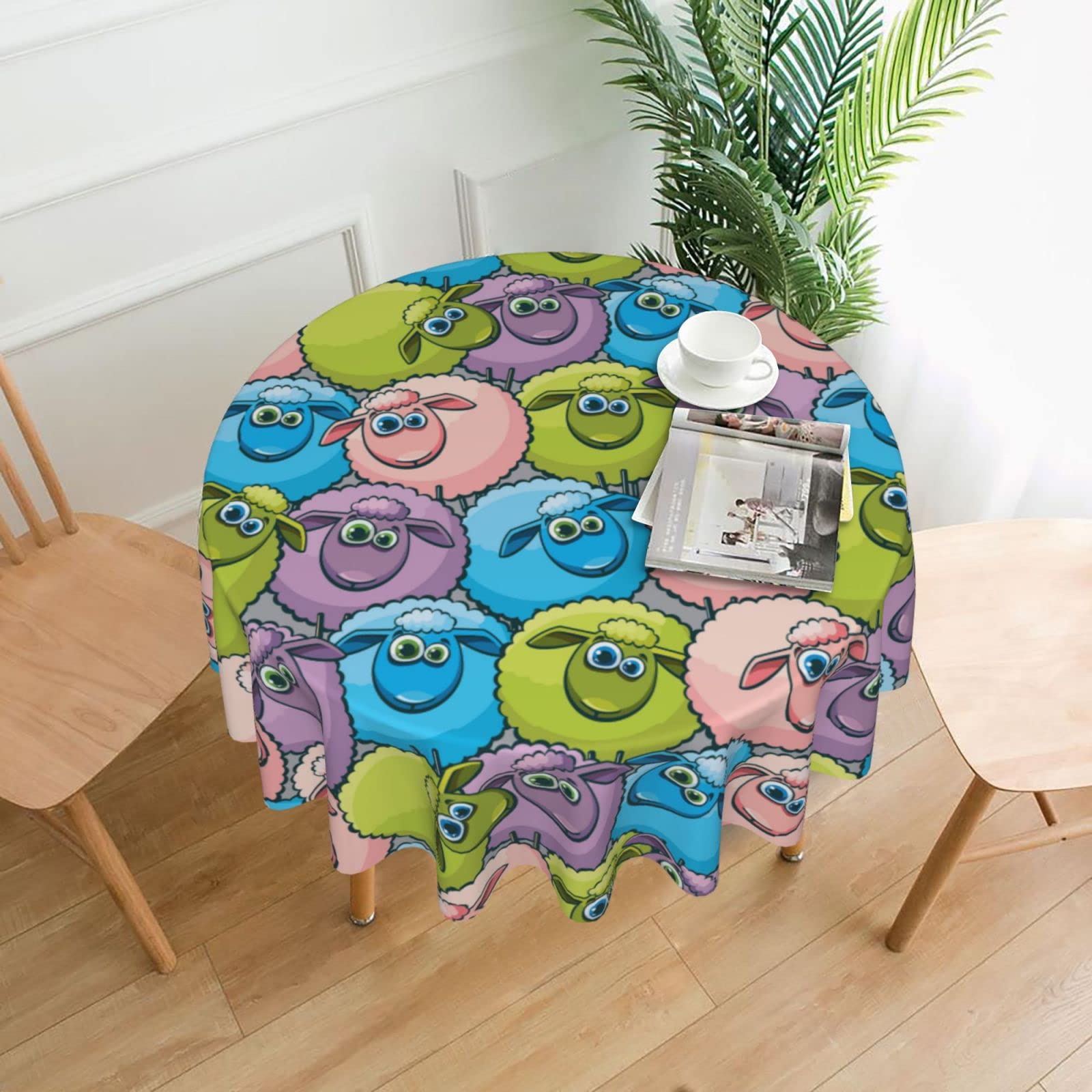 ReesEt Cartoon Funny Sheep Round Tablecloth, Waterproof Dust-Proof Tabletop Decoration Wrinkle Resistant Table Cover - 60 Inch