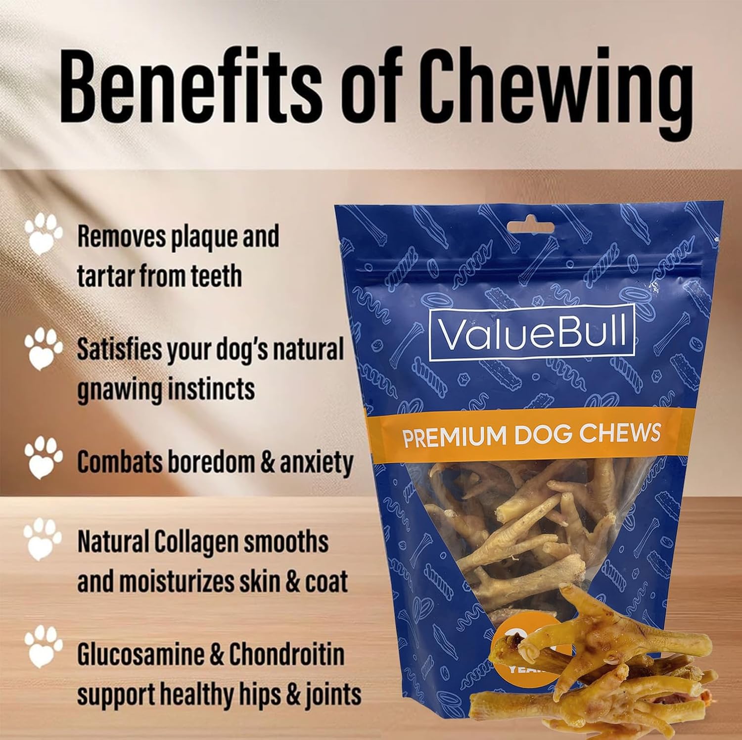 ValueBull Chicken Feet for Dogs, Large, 50 Count - All Natural Dog Chew, Hip and Joint Chew, Single Ingredient Dog Treat