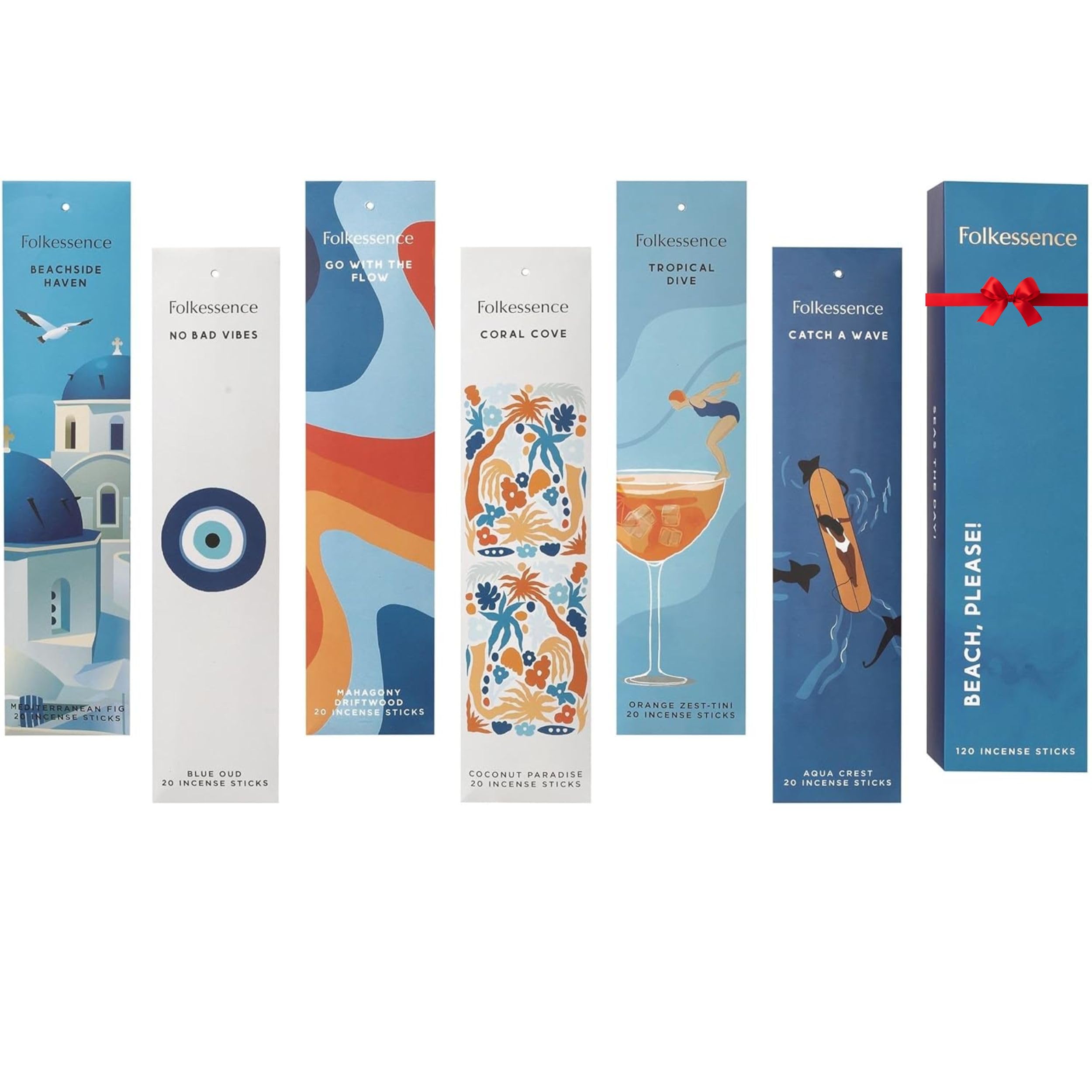 Folkulture Incense Sticks | Set of 6 Insenses (120 Sticks) with 45 Mins Burn Time | Orange Zest, Blue Oud, Aqua Crest, Coconut Paradise | Organic Mediterranean Fig Inscents, Non-Toxic Inscents-Sticks