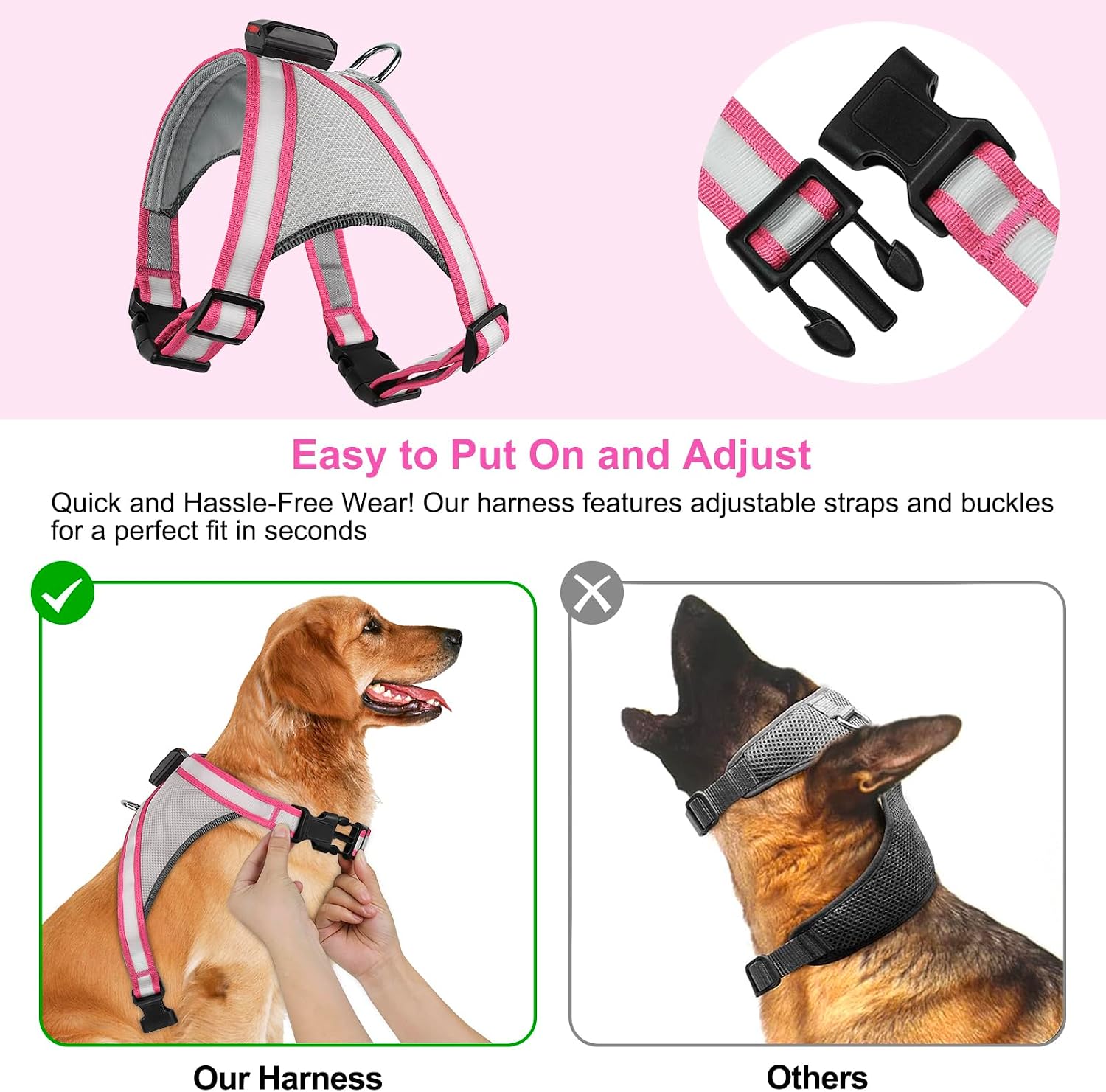Visinite LED Dog Harness, USB Rechargeable Light Up Dog Vest, 2 Illuminate Modes Glow in The Dark Dog Harness, Adjustable Lighted Pet Harness Light for Night Walking Safety (Pink, M)