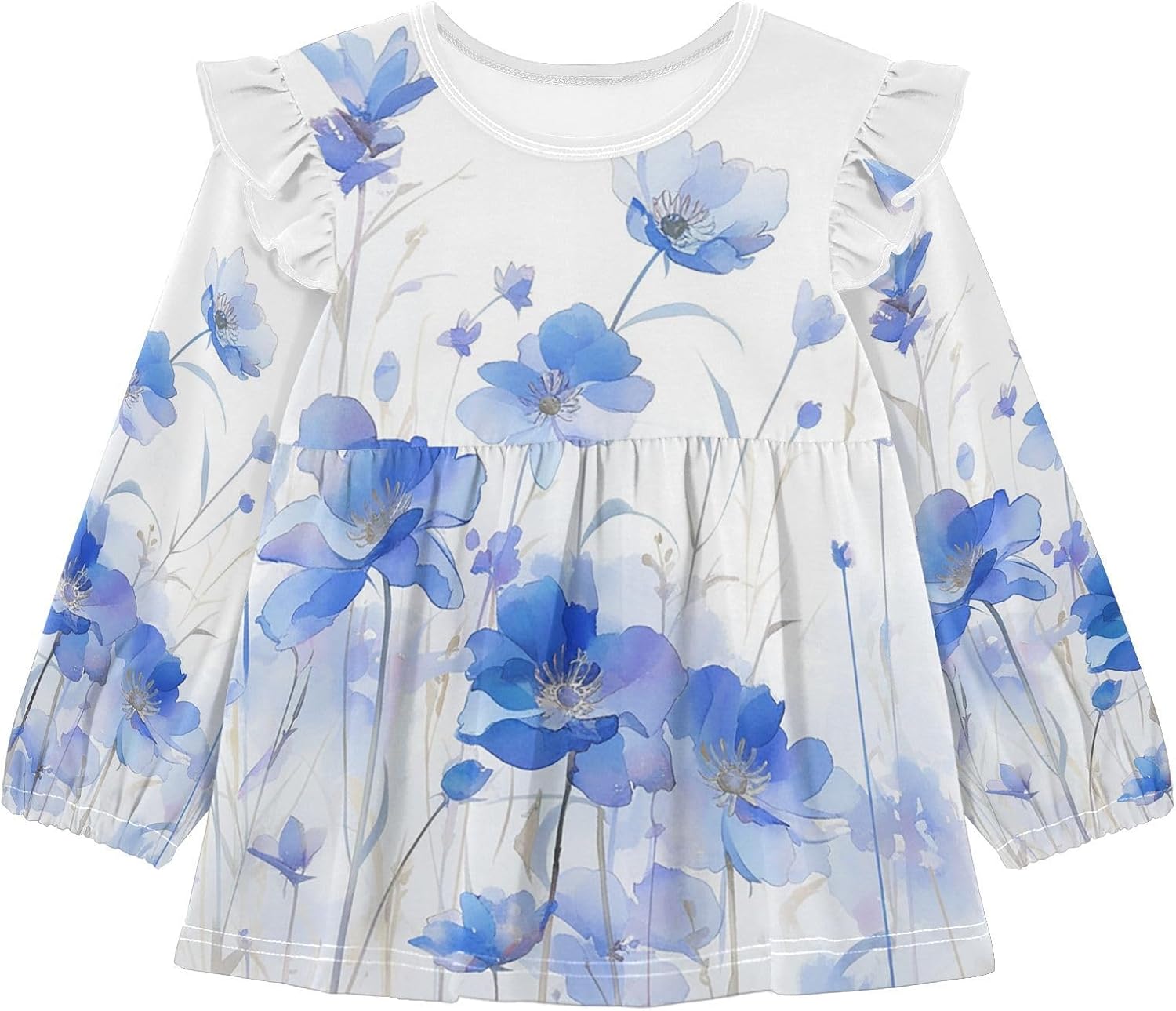visesunny Toddler Clothes for Girls Watercolor Blue Flower Design Long Sleeve Fall Shirts Cotton Top with Ruffle Collar