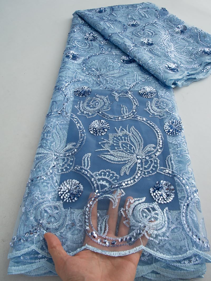 African Lace Fabric 5 Yards of Mesh Embroidered Fabric Sequins Fabric for Wedding/Party/Everyday Sewing (Sky Blue)